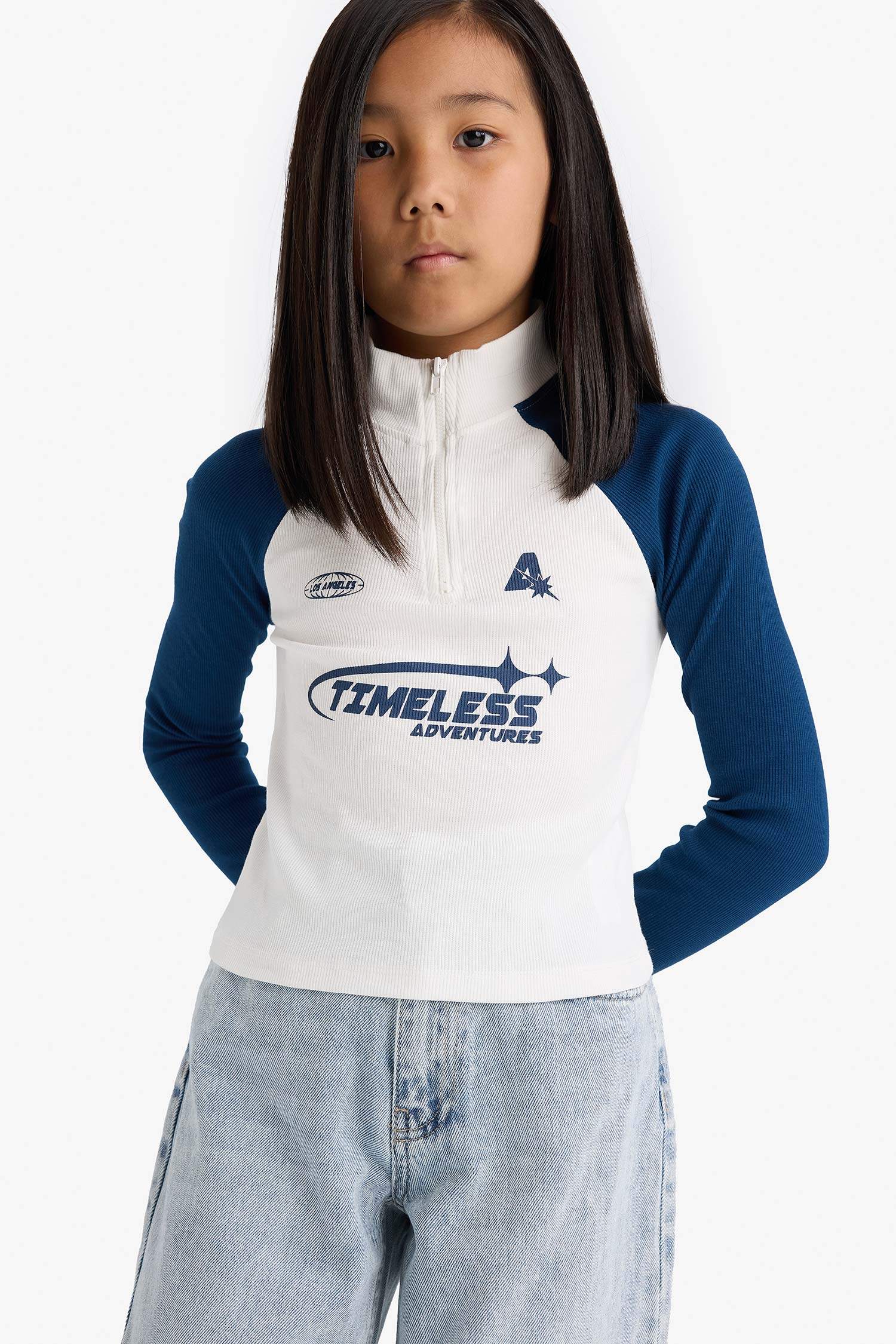 Fitted Dik Yaka Fermuarlı Baskılı Fitilli Kaşkorse Uzun Kollu Tişört Kız Çocuk