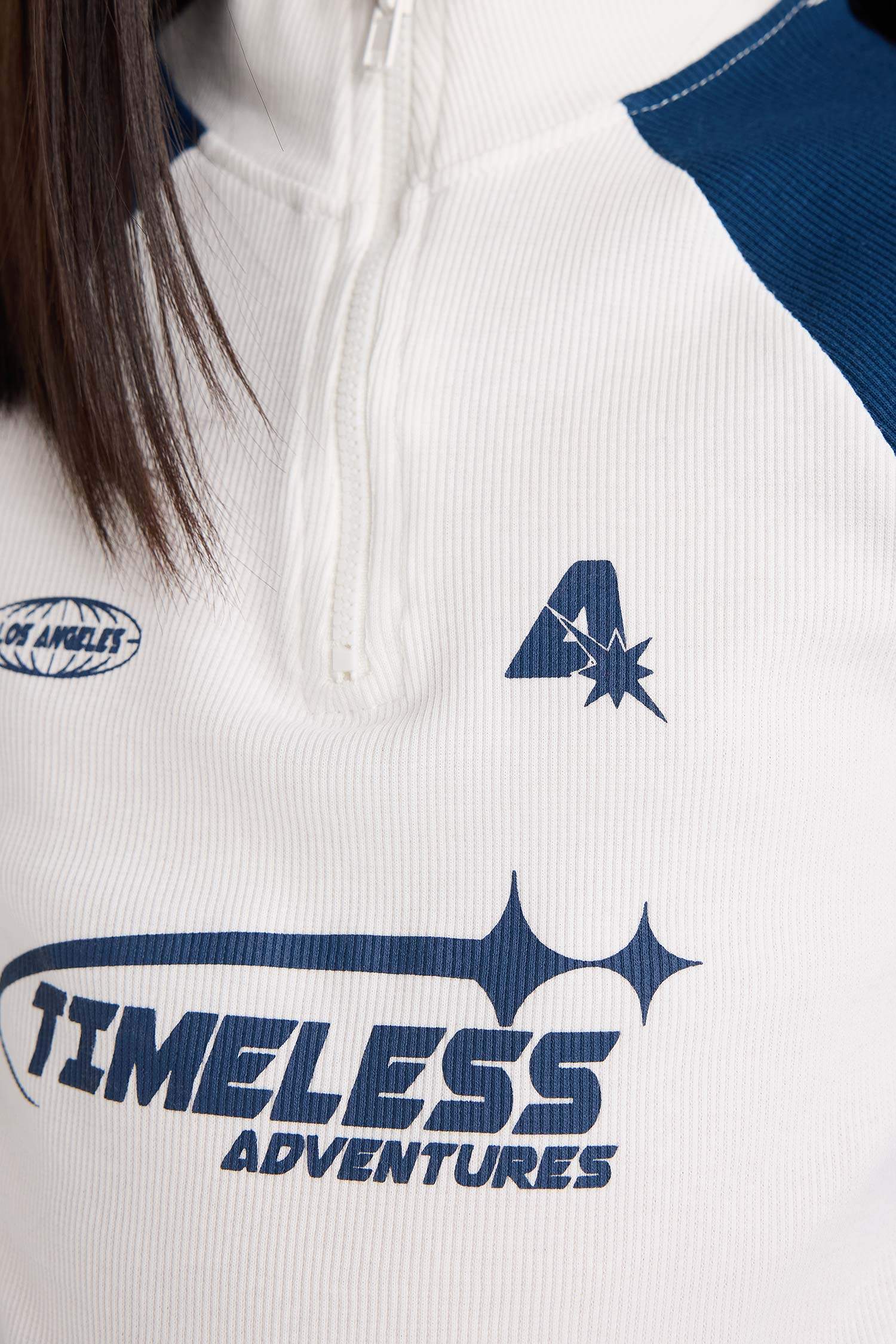 Fitted Dik Yaka Fermuarlı Baskılı Fitilli Kaşkorse Uzun Kollu Tişört Kız Çocuk