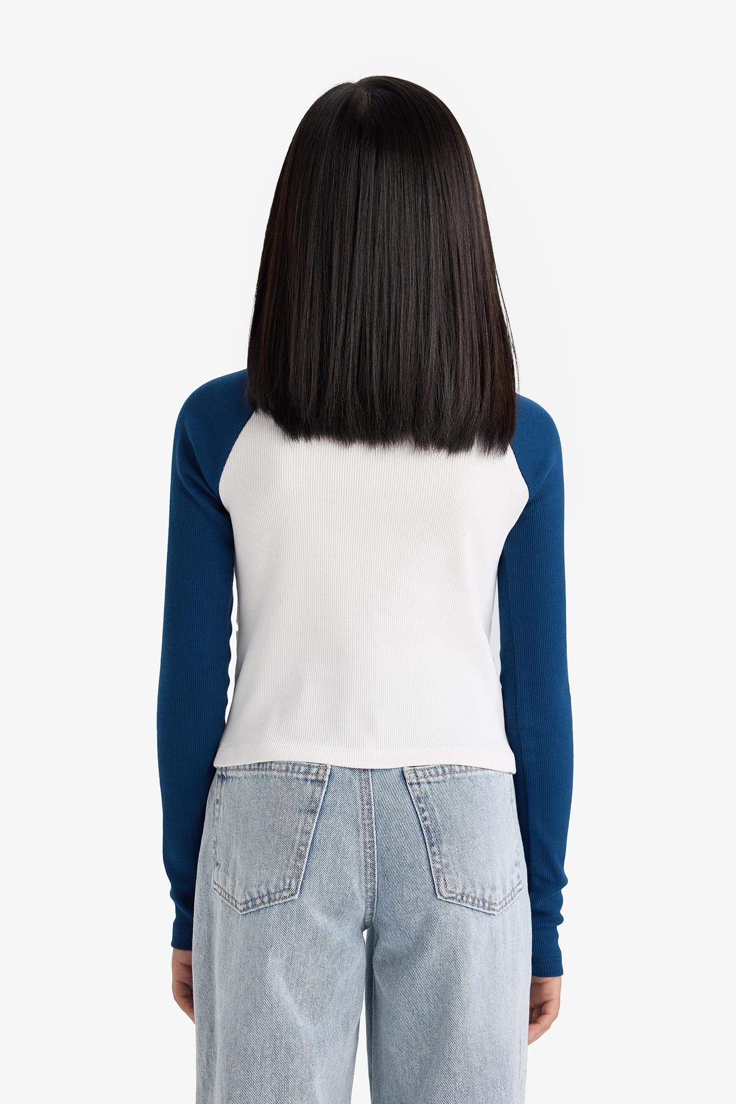 Fitted Dik Yaka Fermuarlı Baskılı Fitilli Kaşkorse Uzun Kollu Tişört Kız Çocuk