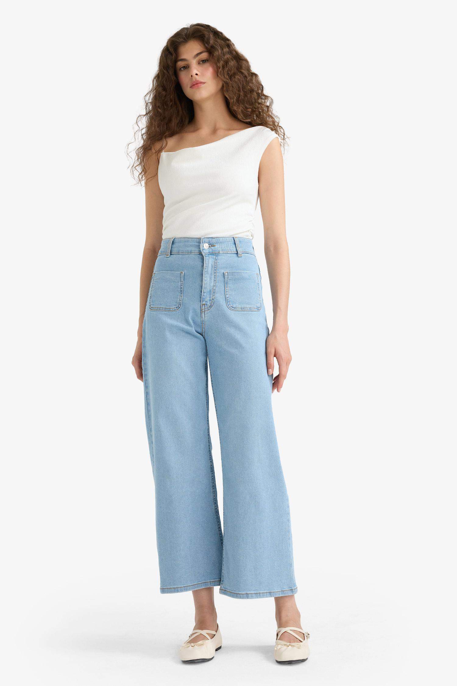 Culotte Yüksek Bel Crop Fit Crop Jean Yıkamalı Pantolon