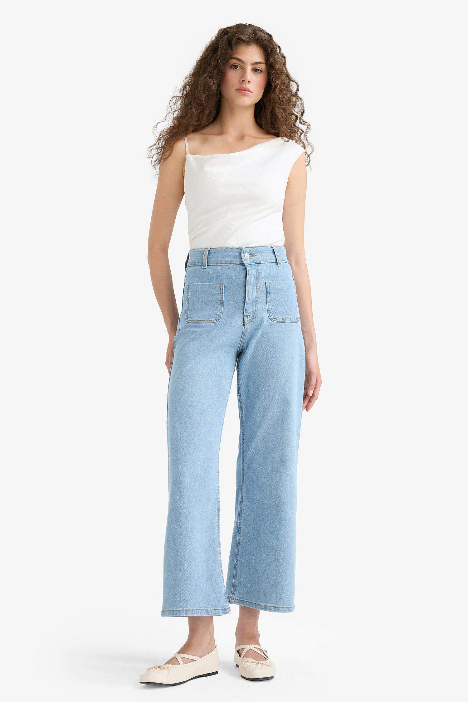 Culotte Yüksek Bel Crop Fit Crop Jean Yıkamalı Pantolon