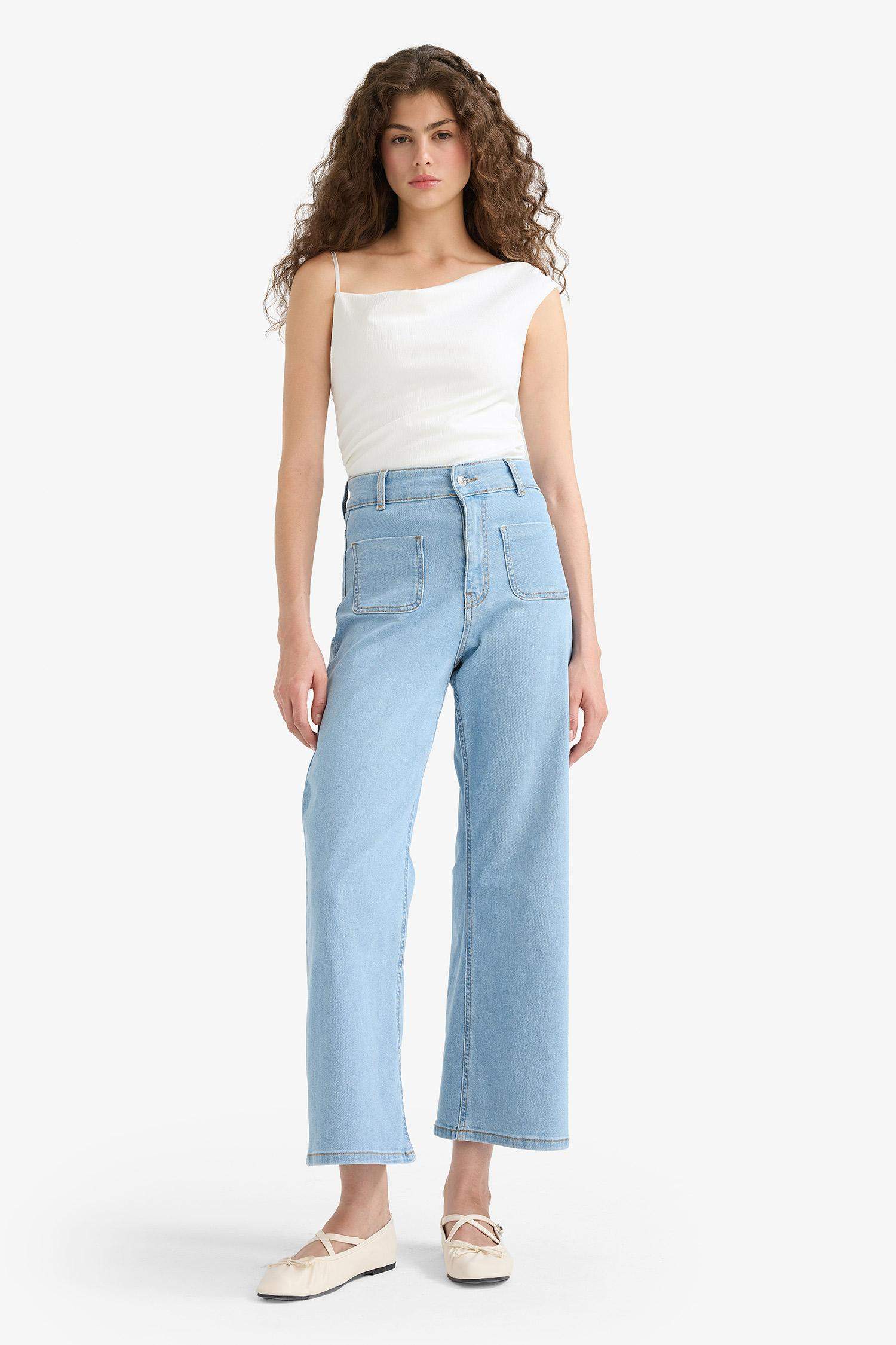 Culotte Yüksek Bel Crop Fit Crop Jean Yıkamalı Pantolon