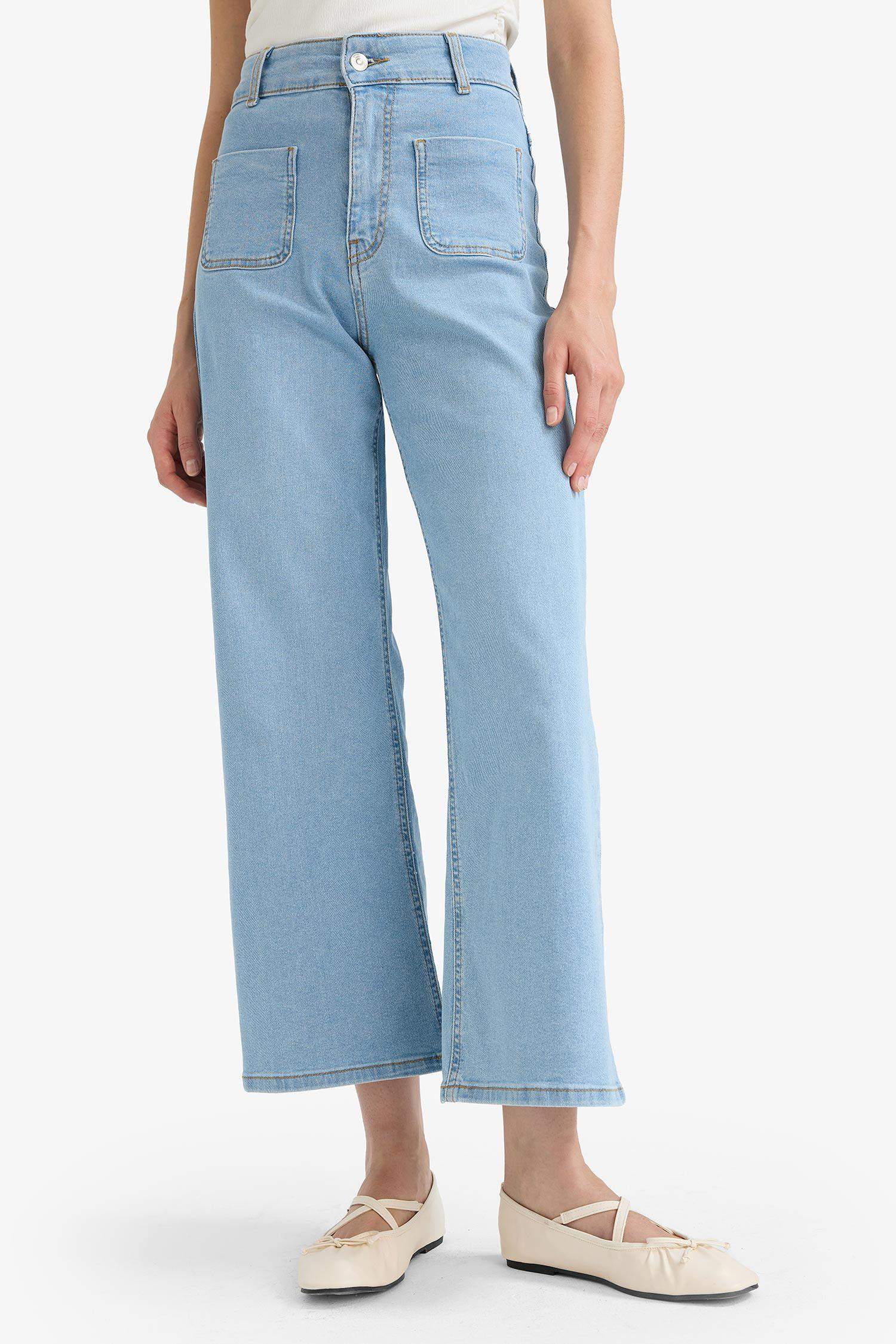 Culotte Yüksek Bel Crop Fit Crop Jean Yıkamalı Pantolon