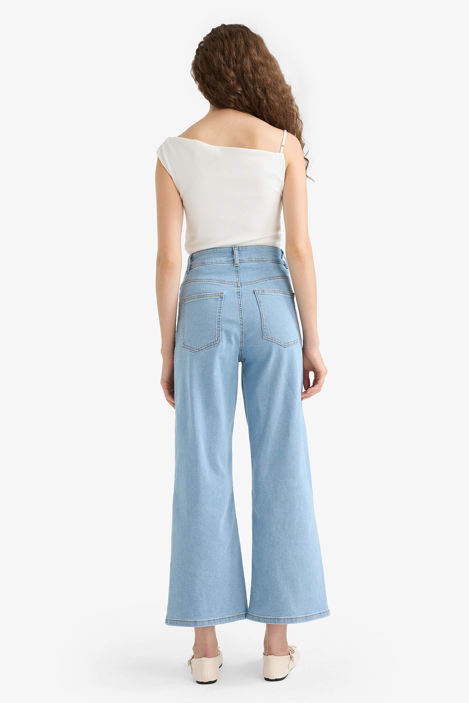 Culotte Yüksek Bel Crop Fit Crop Jean Yıkamalı Pantolon