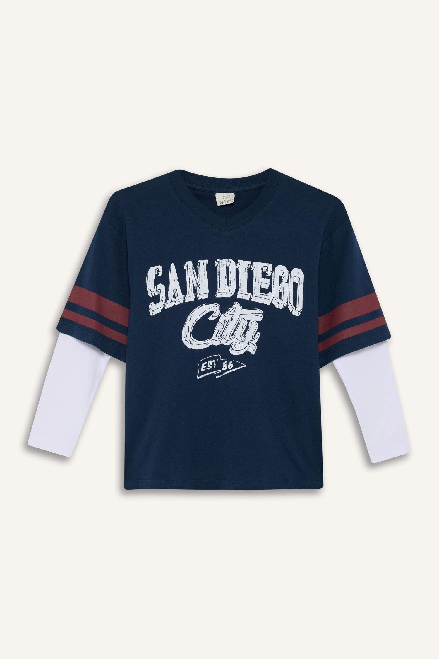 Boy Oversize Fit V Neck Printed Long Sleeve T-Shirt