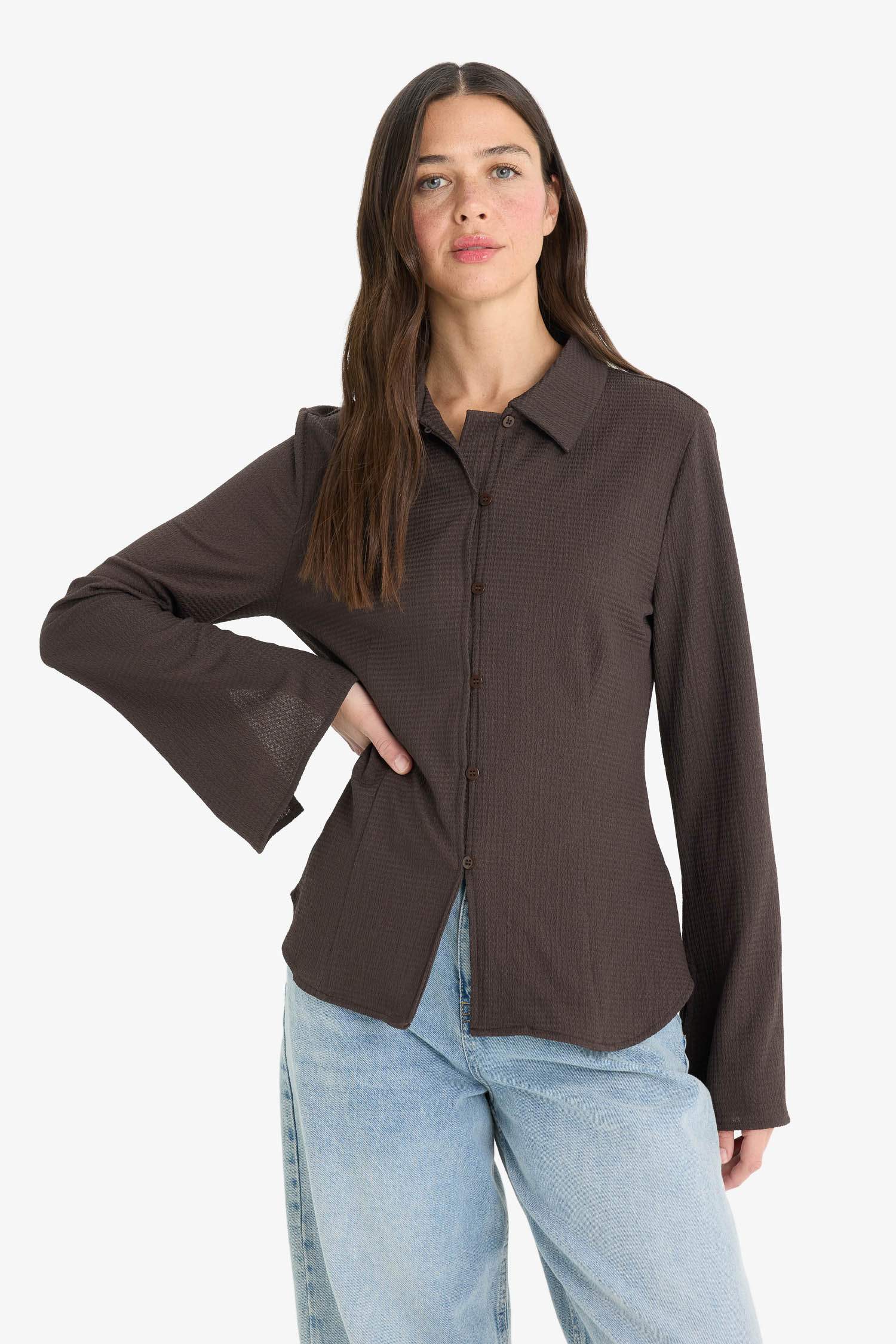 Regular Fit Shirt Collar Long Sleeve Blouse