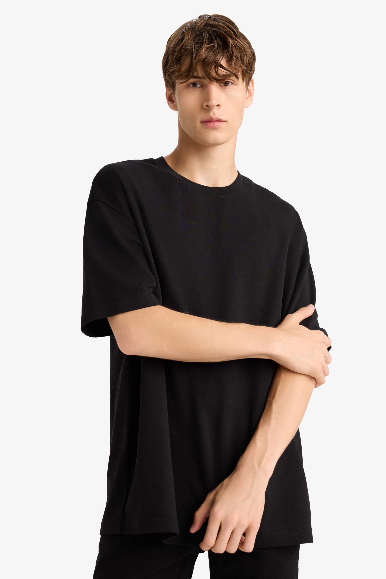 Oversize Geniş Kalıp Bisiklet Yaka Ağır Kumaş Basic Düz Kısa Kollu Tişört