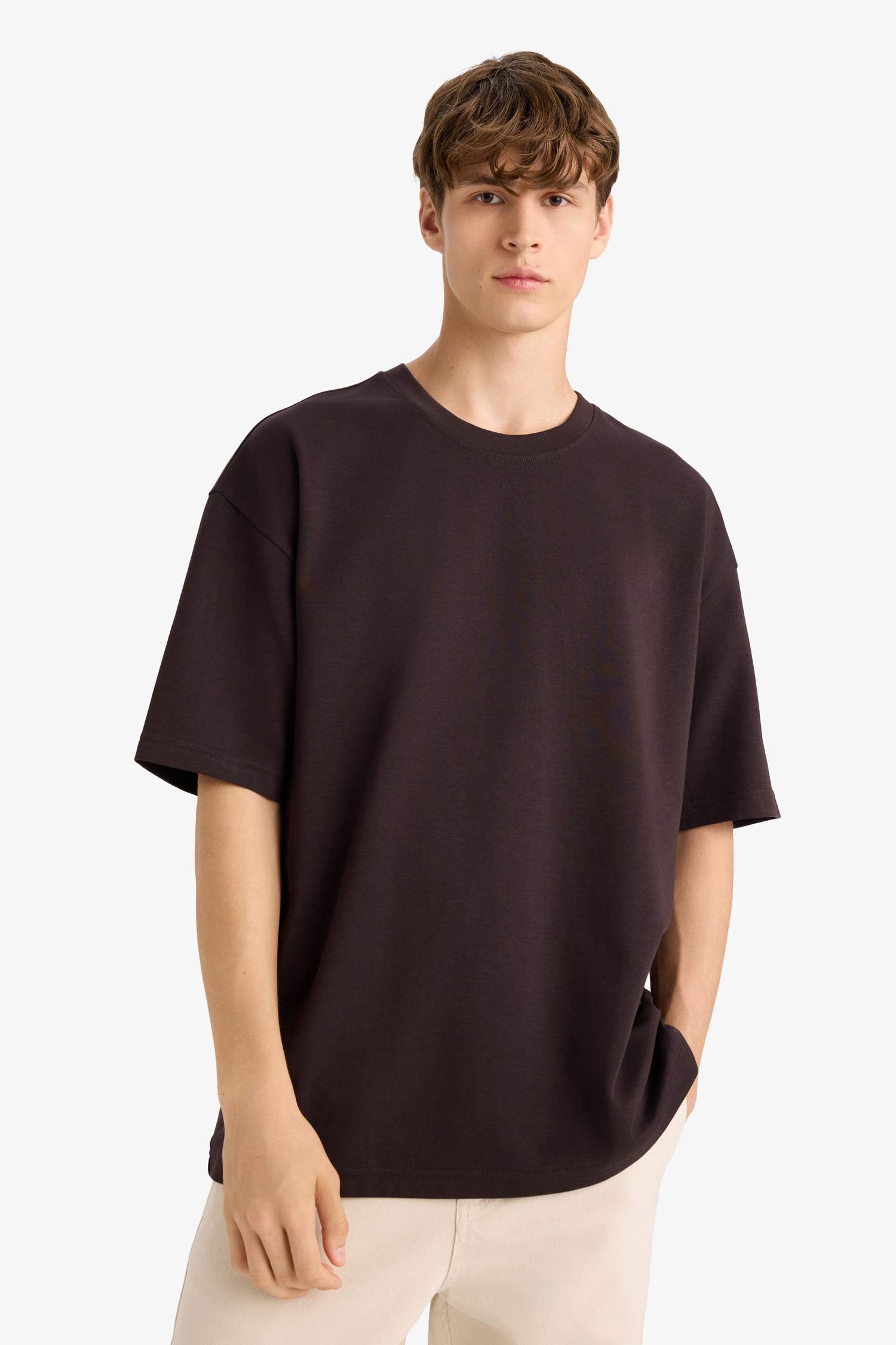 Oversize Geniş Kalıp Bisiklet Yaka Ağır Kumaş Basic Düz Kısa Kollu Tişört