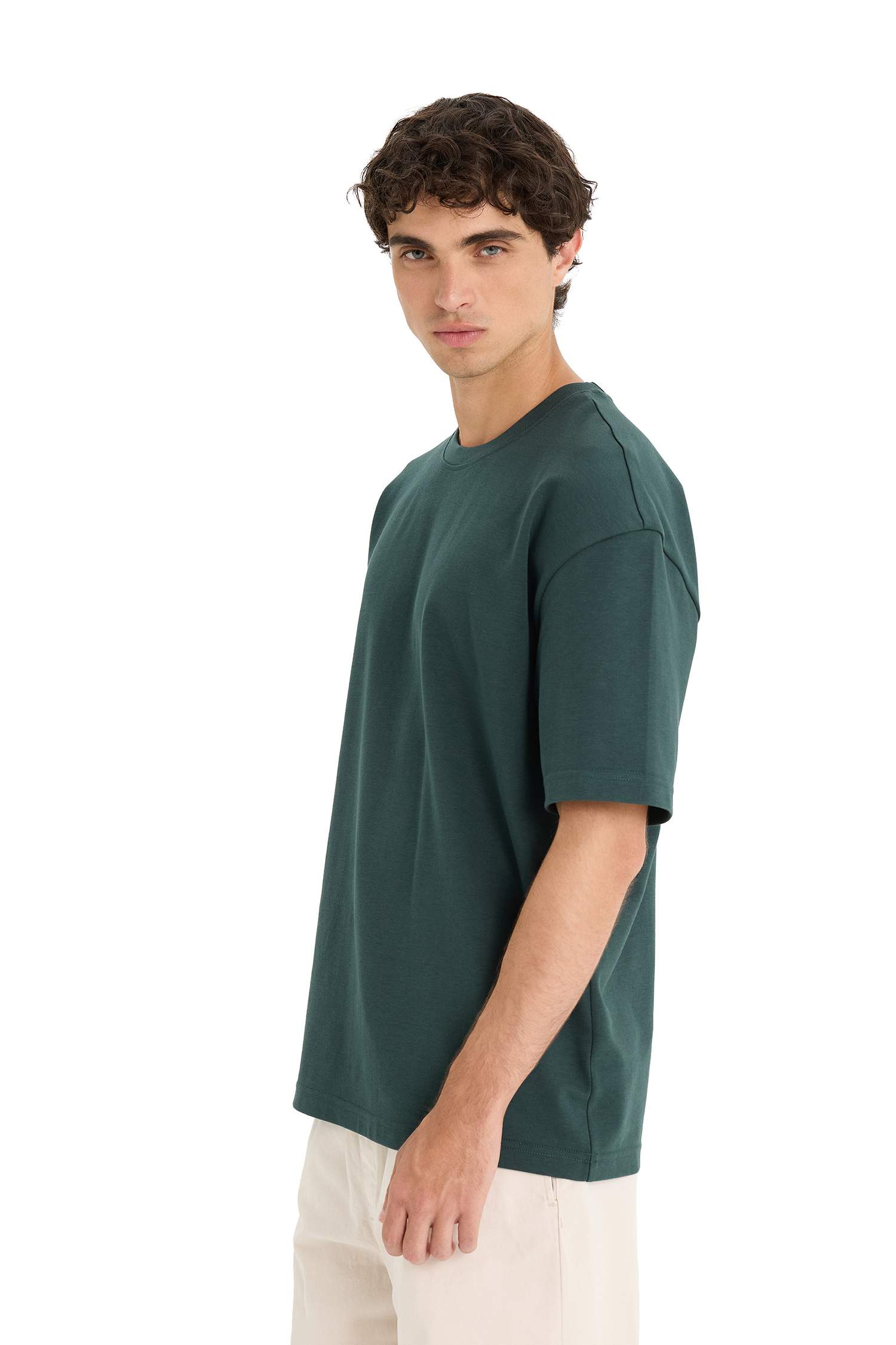 Oversize Geniş Kalıp Bisiklet Yaka Ağır Kumaş Basic Düz Kısa Kollu Tişört