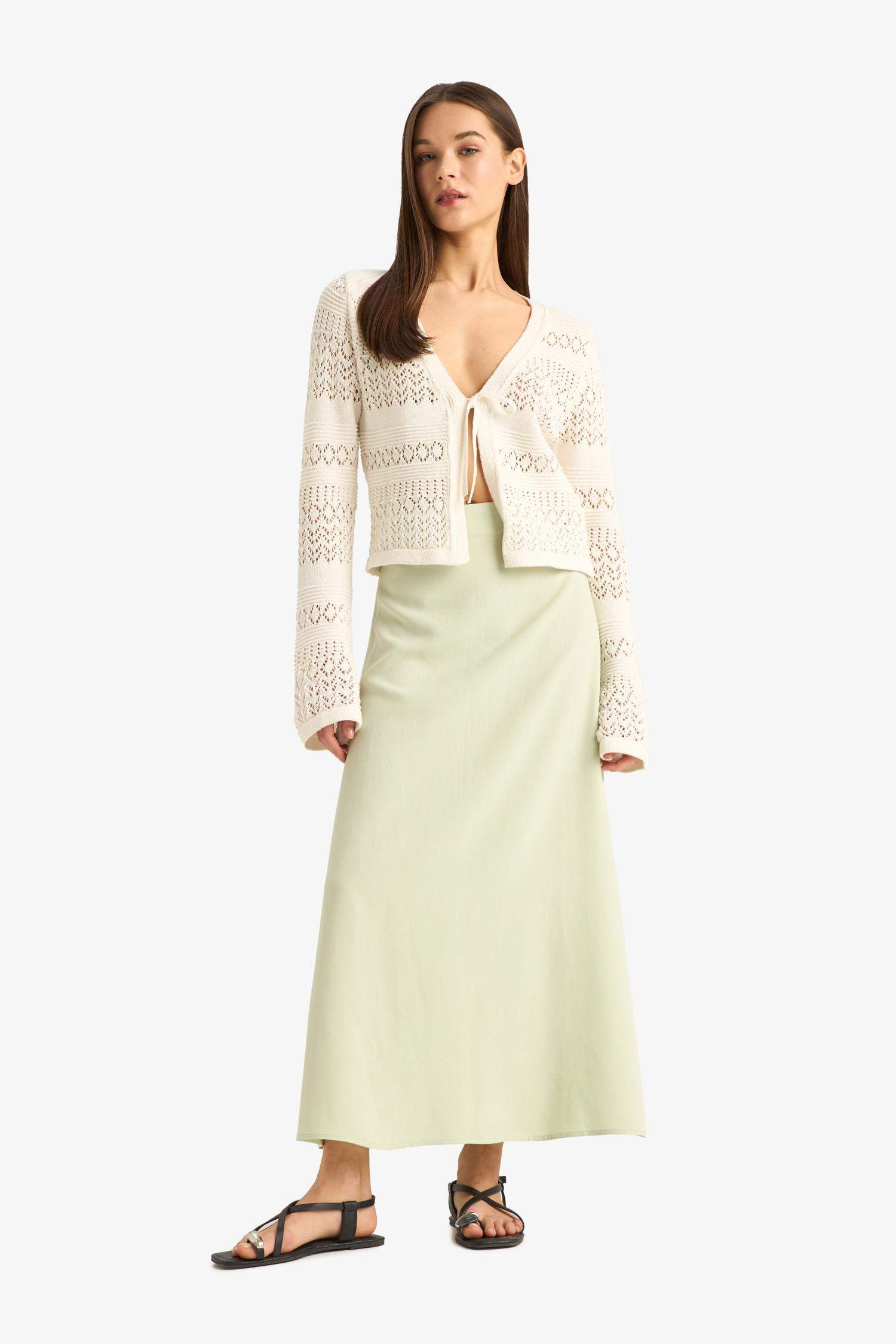 A Kesim Yüksek Bel Keten Karışımlı Maxi Etek