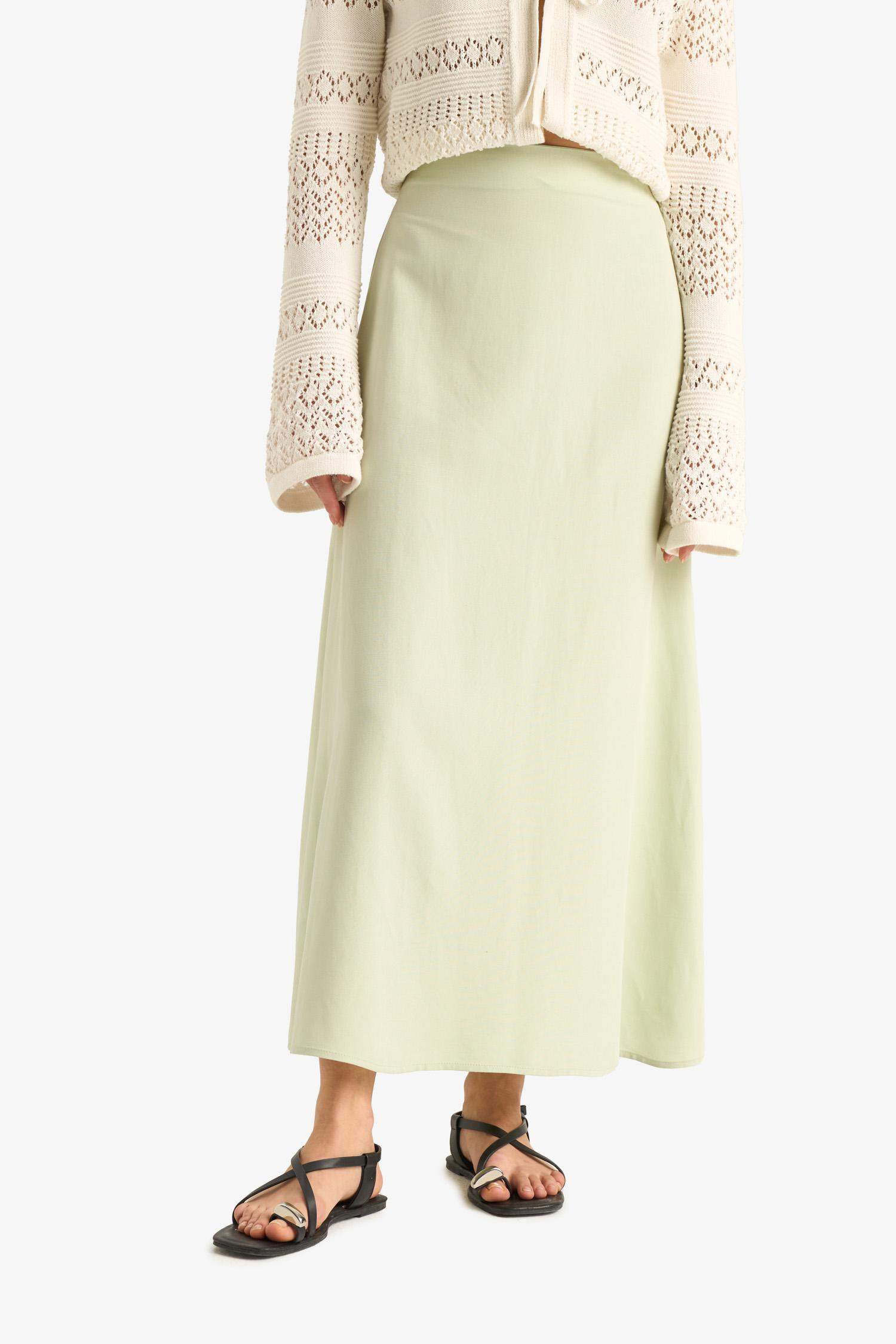 A Kesim Yüksek Bel Keten Karışımlı Maxi Etek