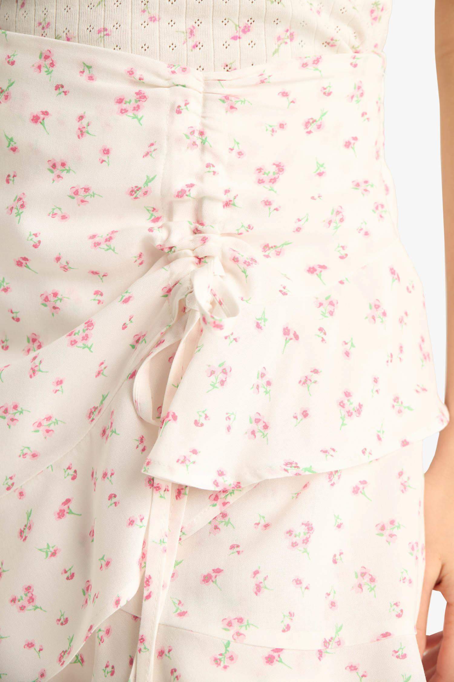 Desenli Normal Bel Bağlamalı Midi Etek