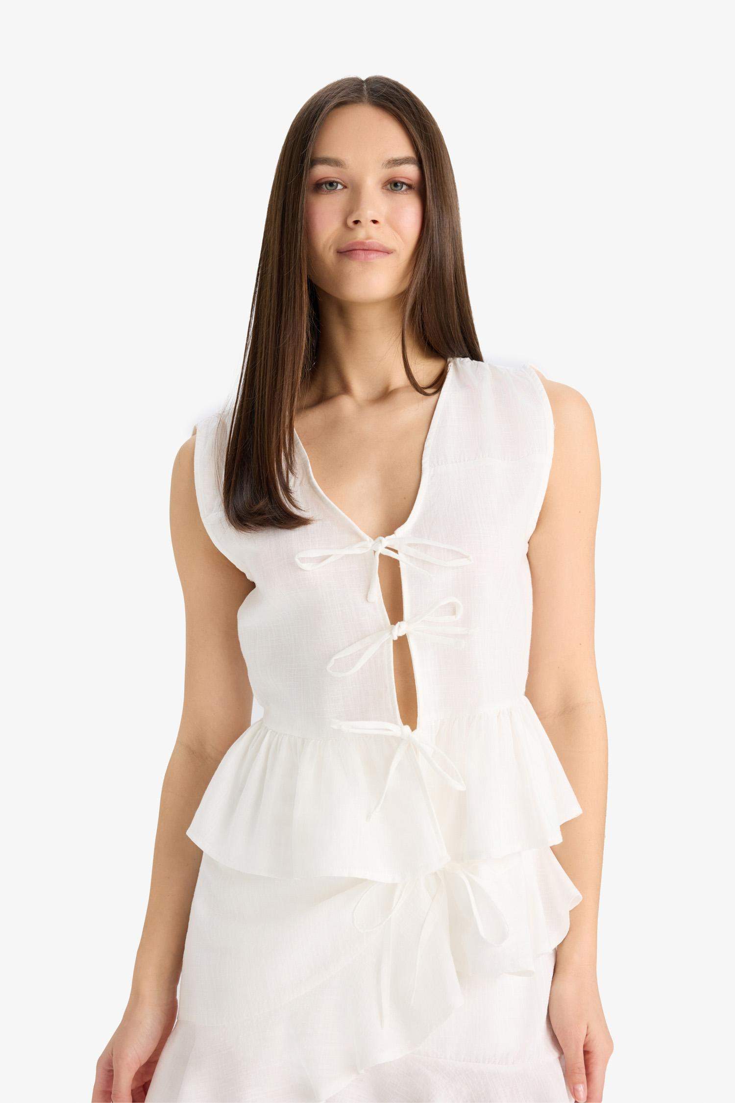 Regular Fit V Neck Front Tie Sleeveless Blouse