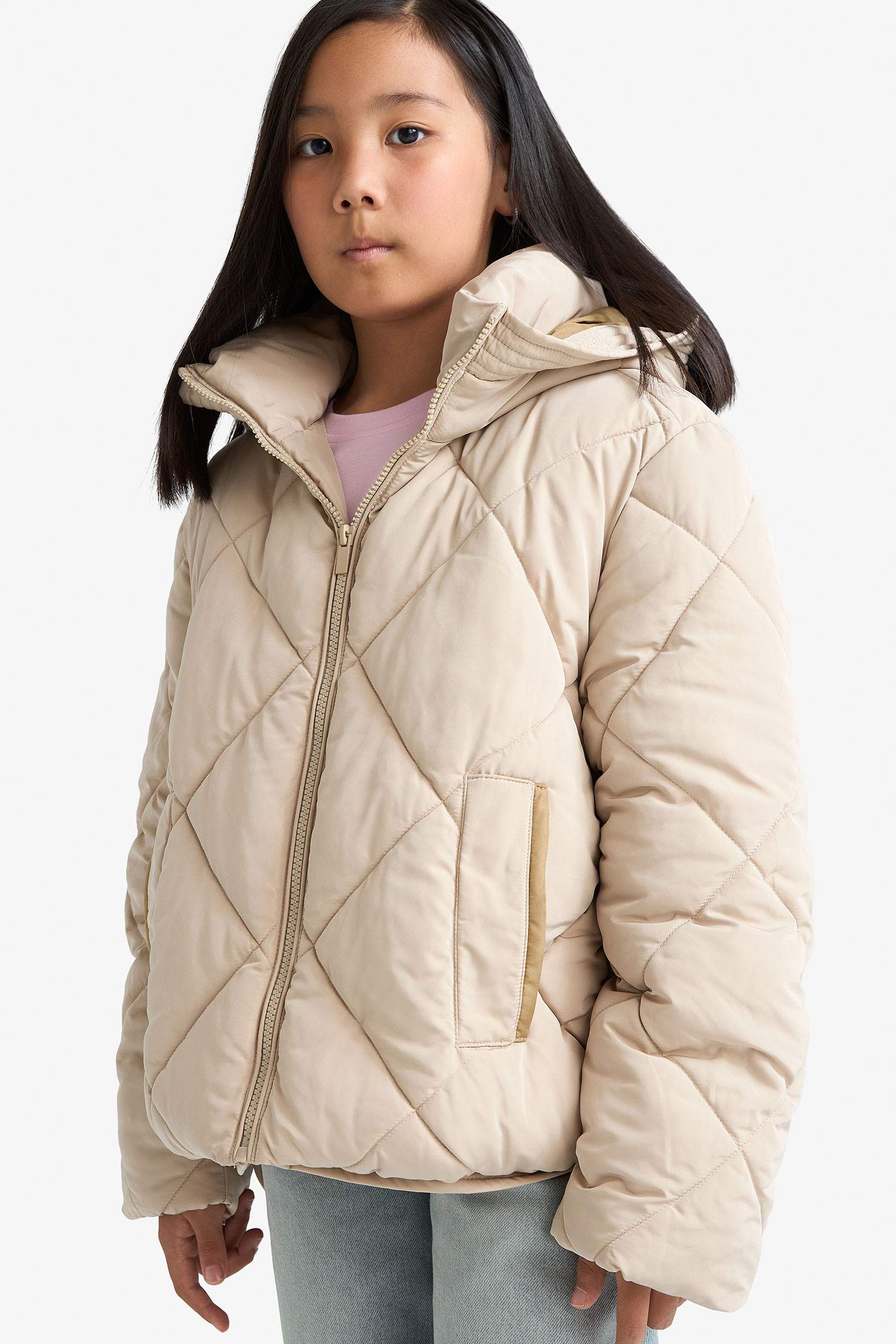 Girl Hooded Waterproof Hooded Zippered Puffer Jacket