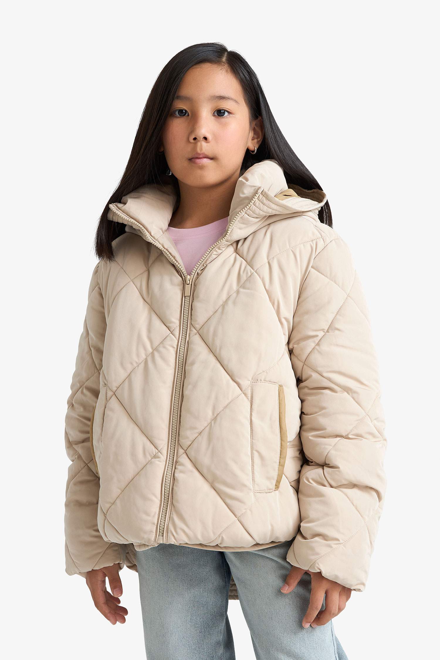 Kız Çocuk Su Geçirmez Kapüşonlu Fermuarlı Mont