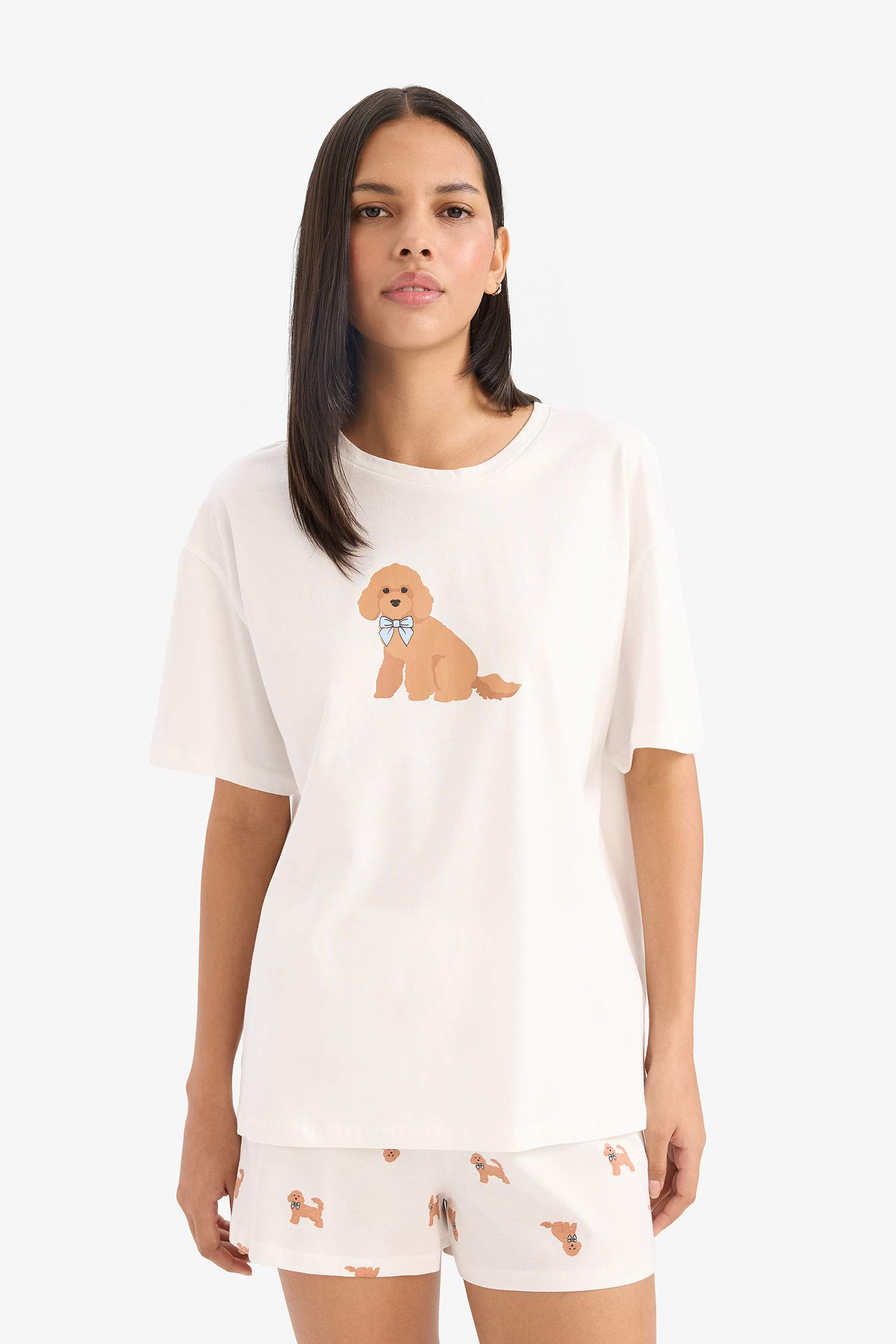 Pijama Takımı Kısa Kollu Üst Beli Lastikli Şort-Fall in Love