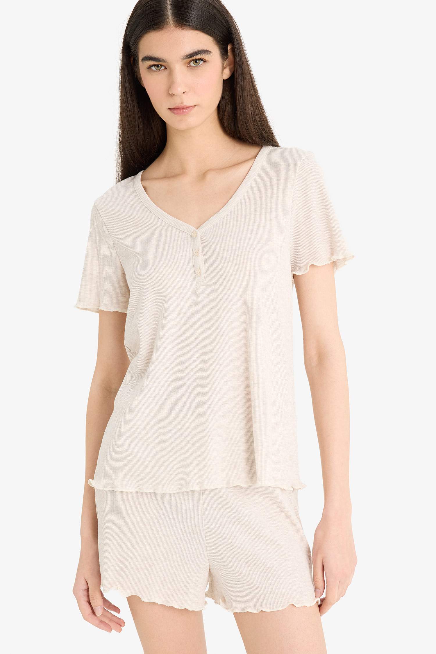 Regular Fit Ribana Kısa Kollu Üst Beli Lastikli Şort- Fall in Love