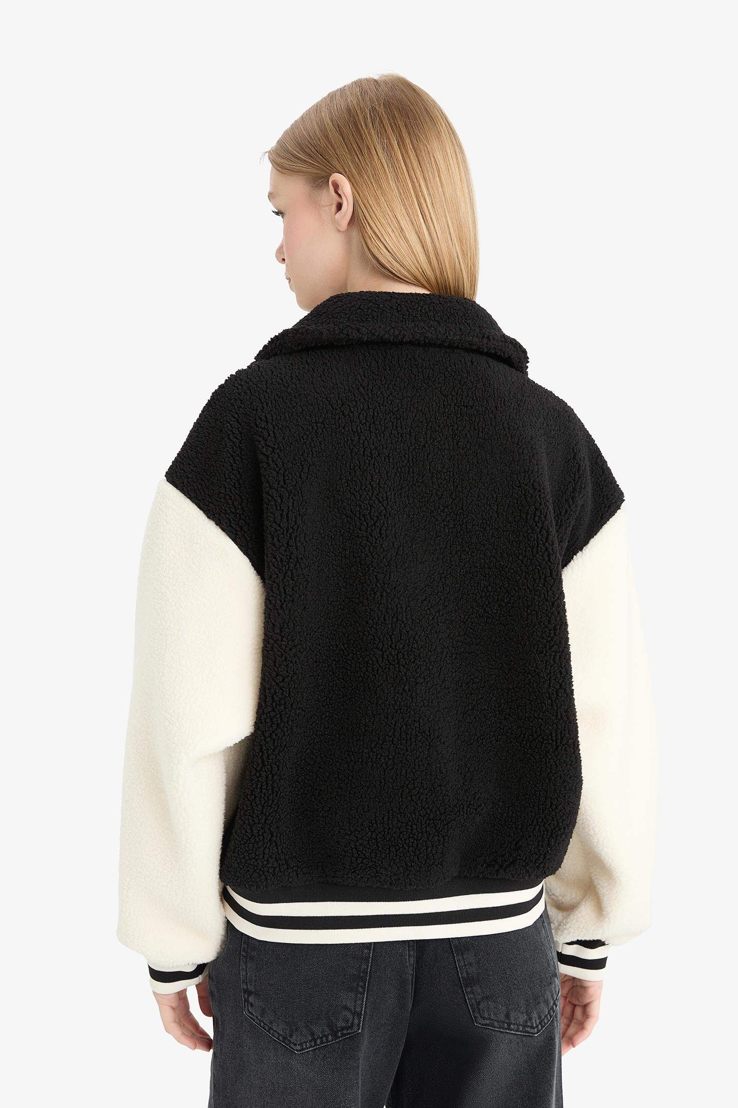 Oversize Geniş Kalıp Polo Yaka Pelüş Bomber Ceket