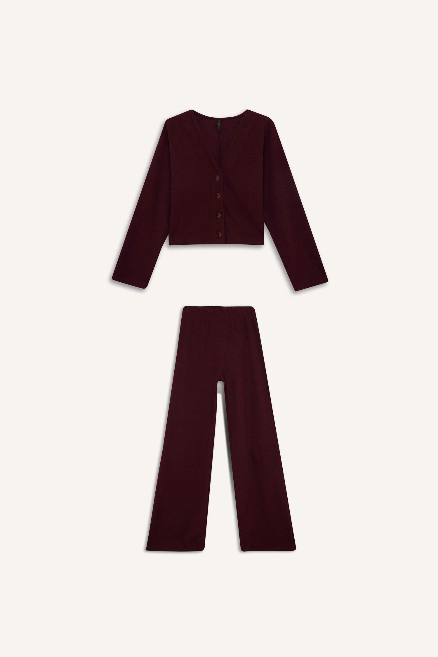 2'li Takım V Yaka Düğmeli Hırka Beli Lastikli Geniş Paça Pantolon