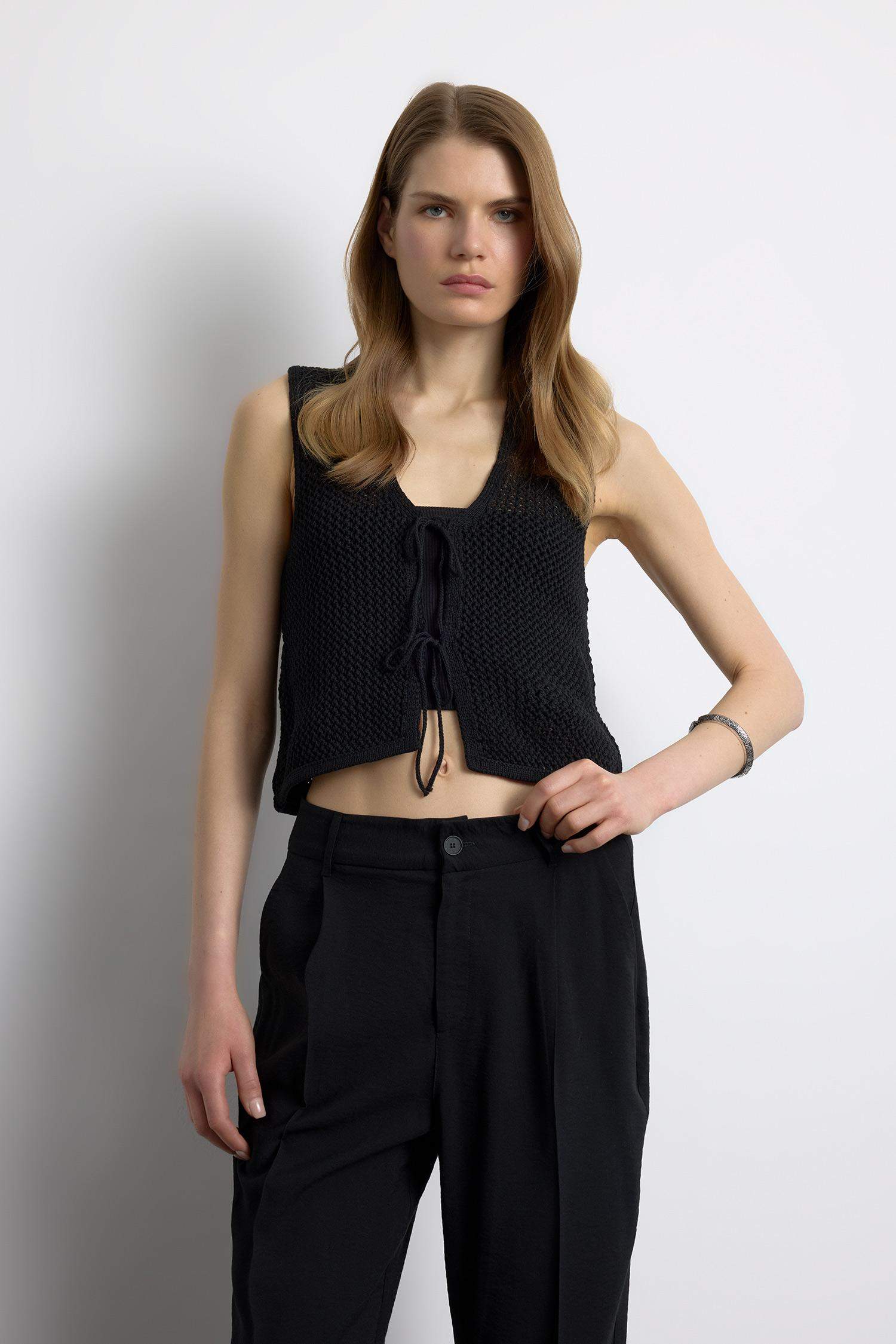 Regular Fit V Neck Front Tie Blouse