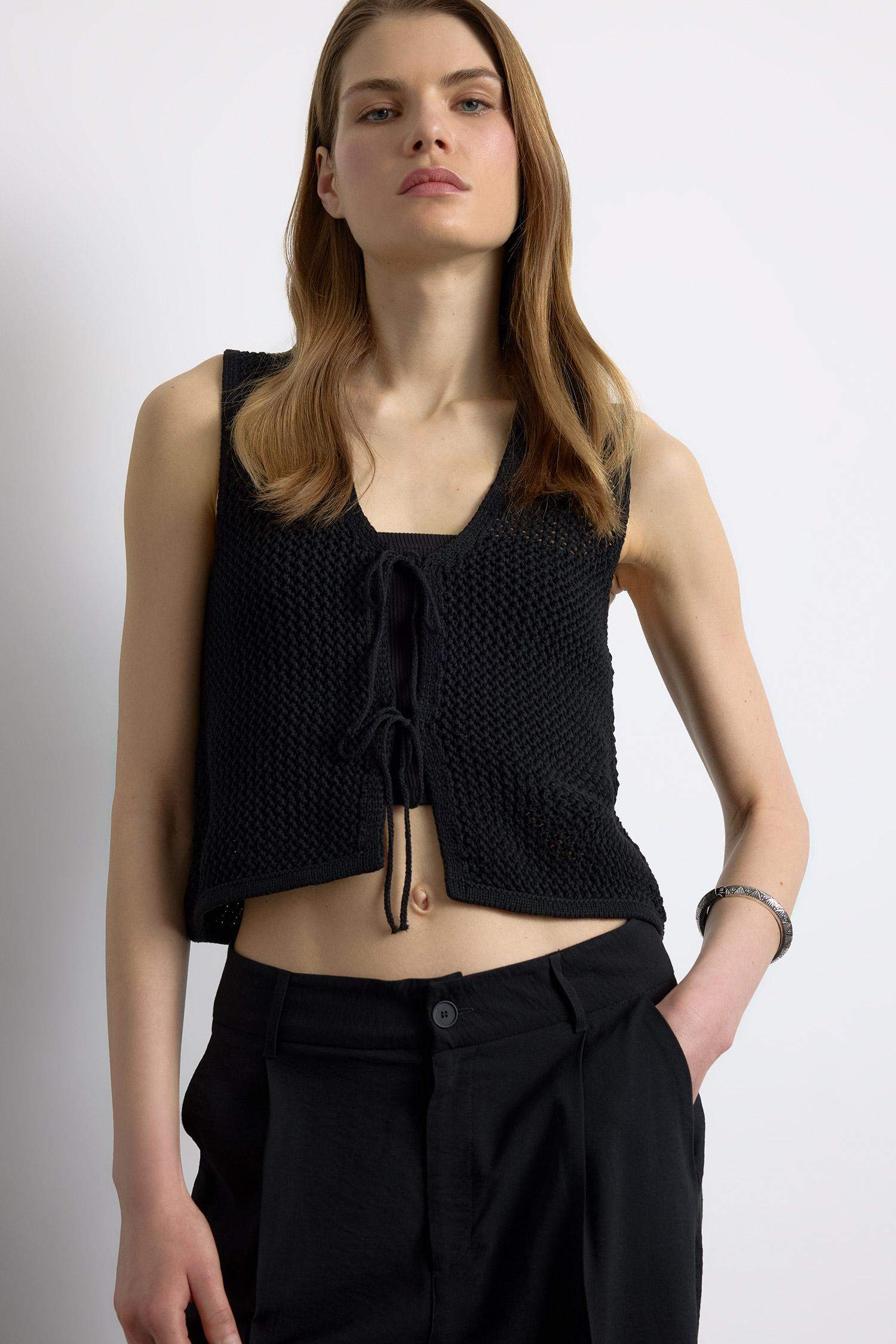 Regular Fit V Neck Front Tie Blouse