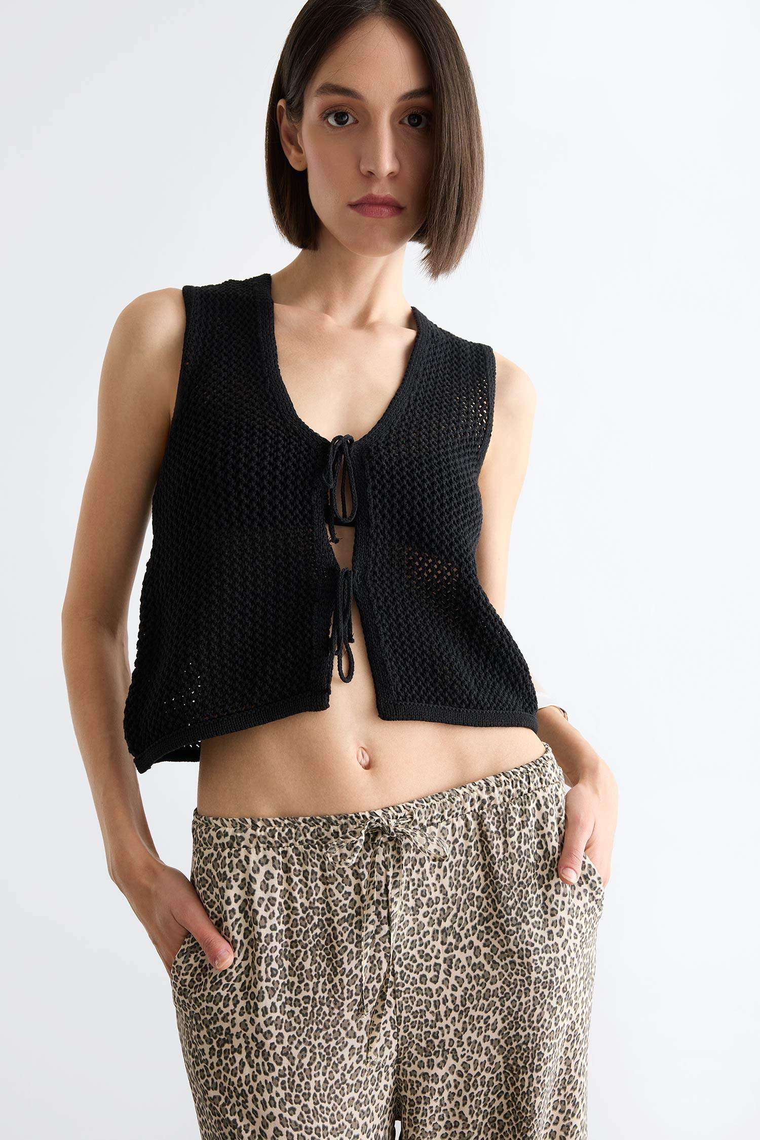 Regular Fit V Neck Front Tie Blouse