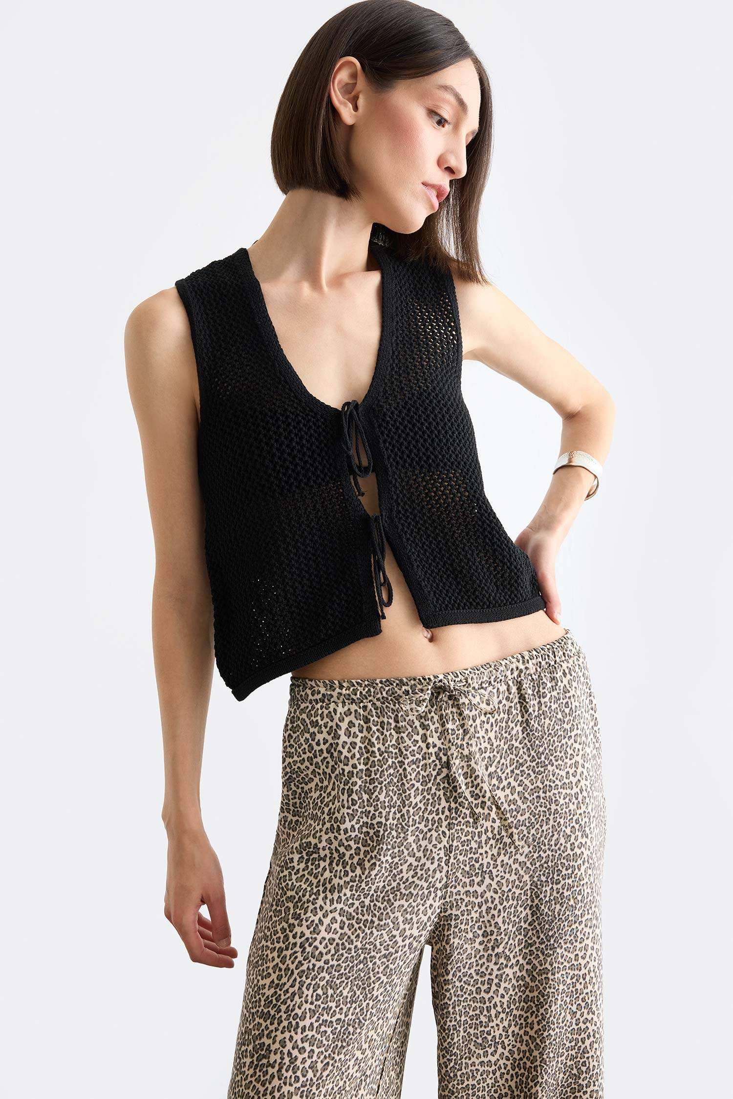 Regular Fit V Neck Front Tie Blouse