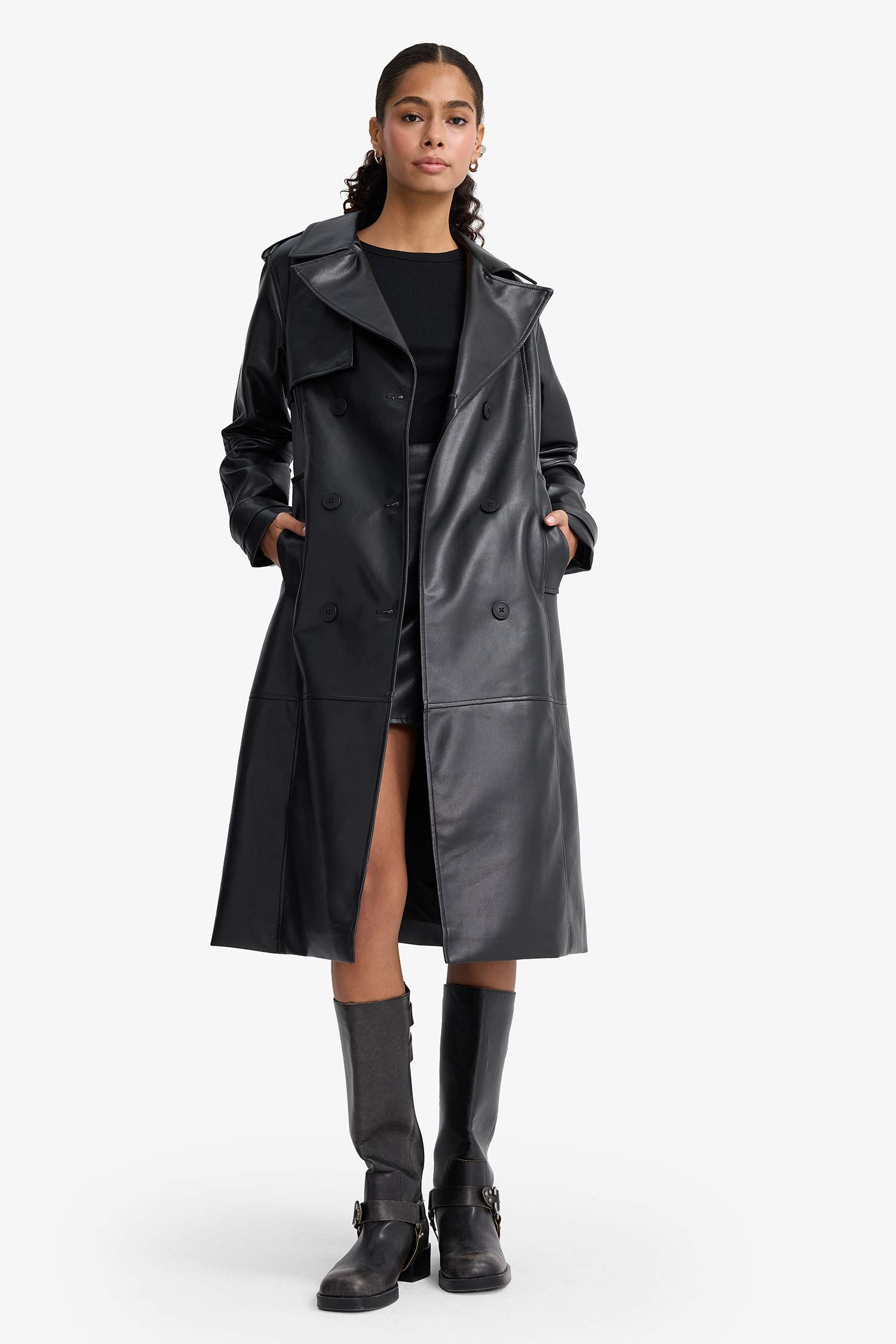Regular Fit Faux Leather Trenchcoat