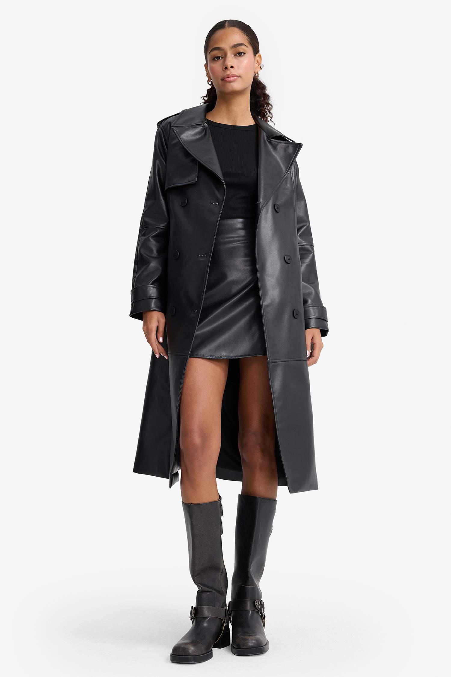 Regular Fit Faux Leather Trenchcoat