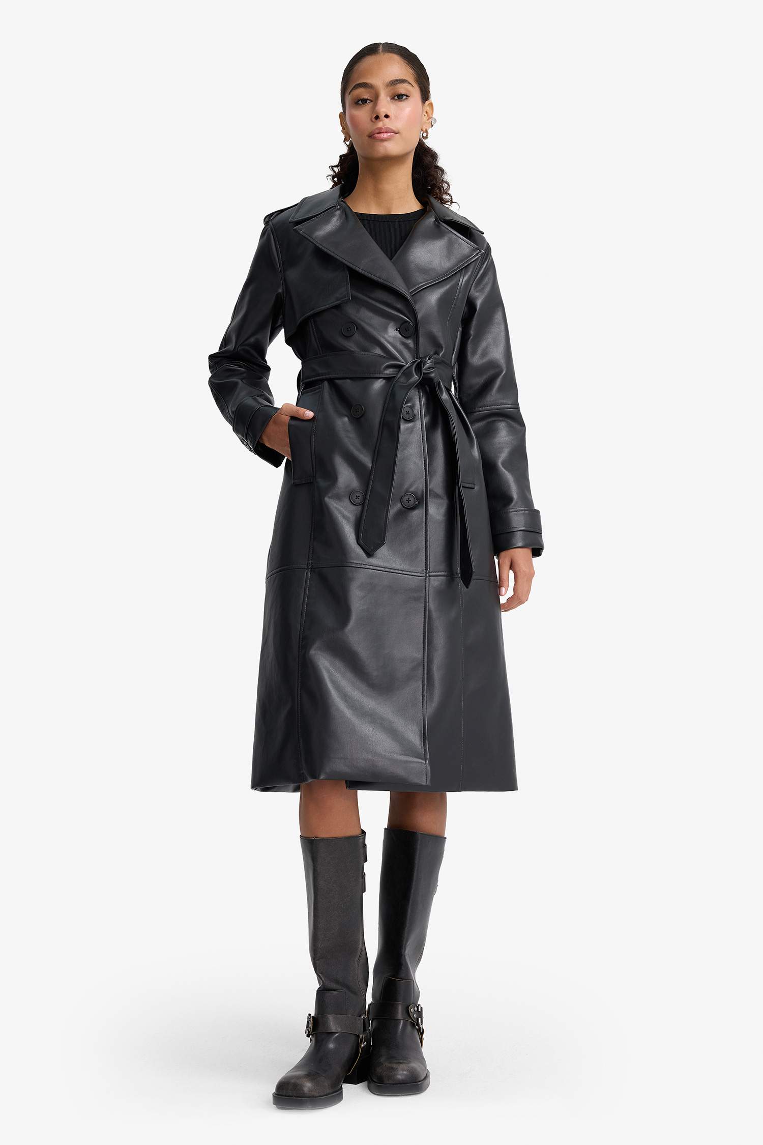 Regular Fit Faux Leather Trenchcoat