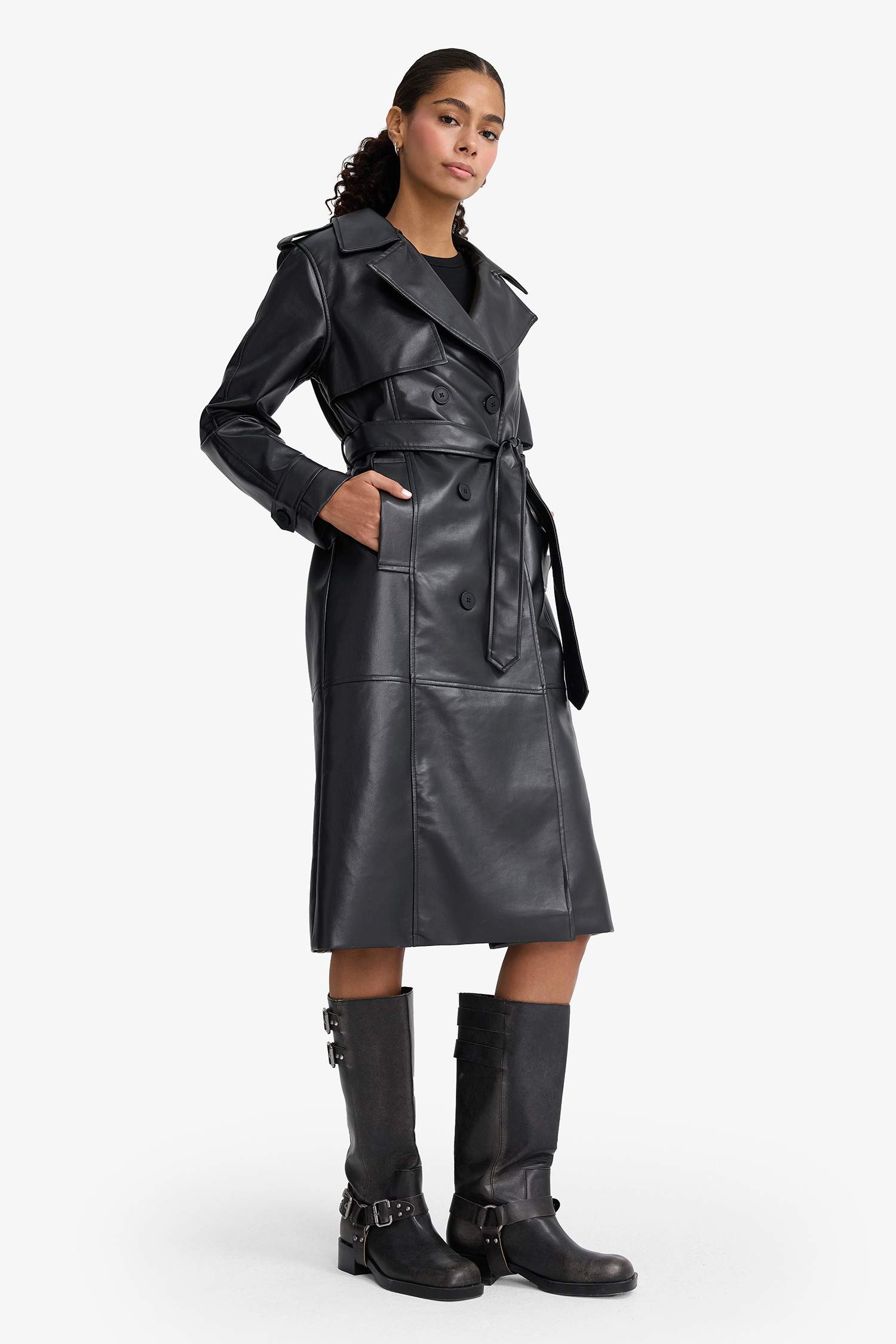 Regular Fit Faux Leather Trenchcoat