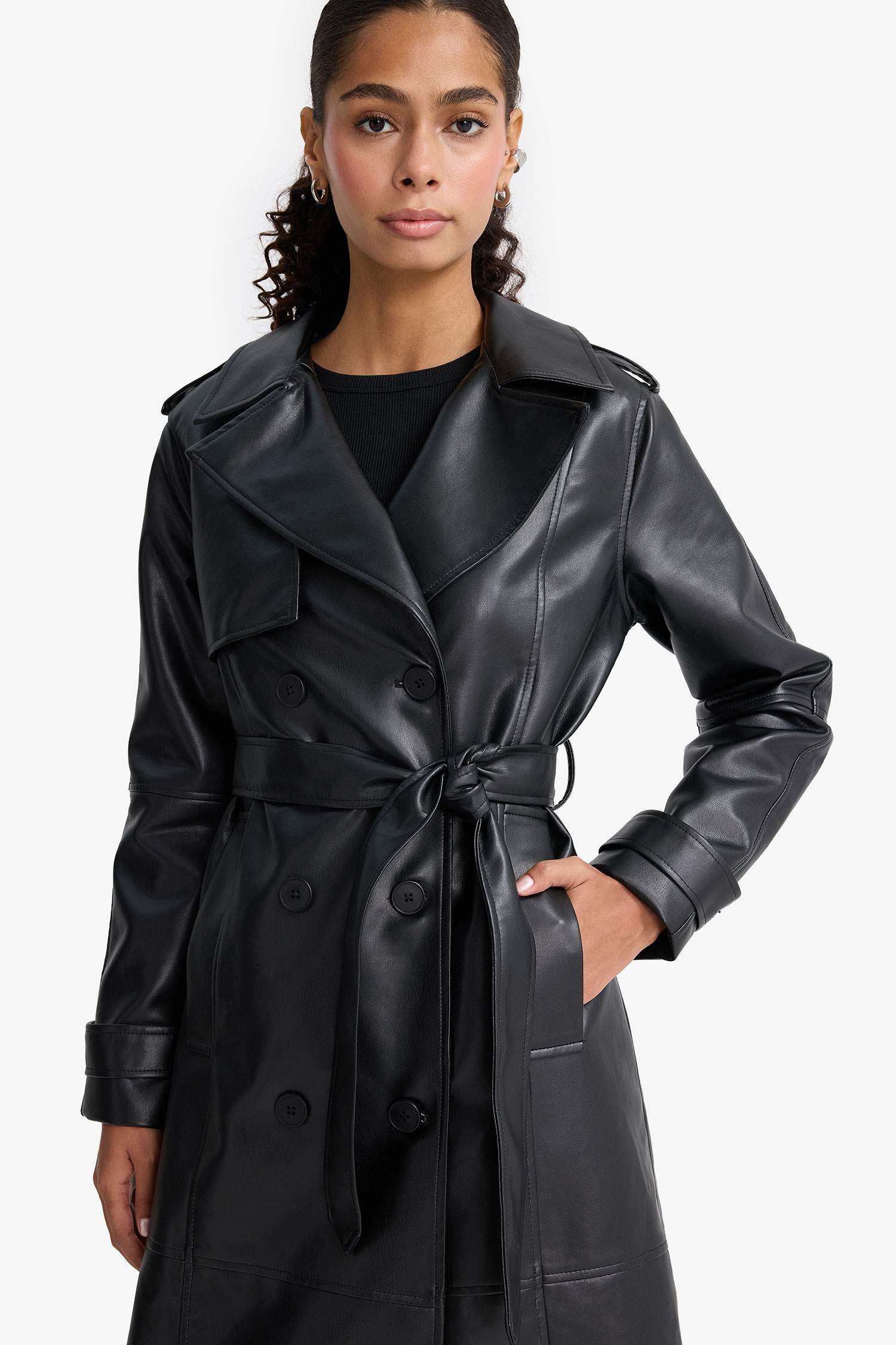Regular Fit Faux Leather Trenchcoat