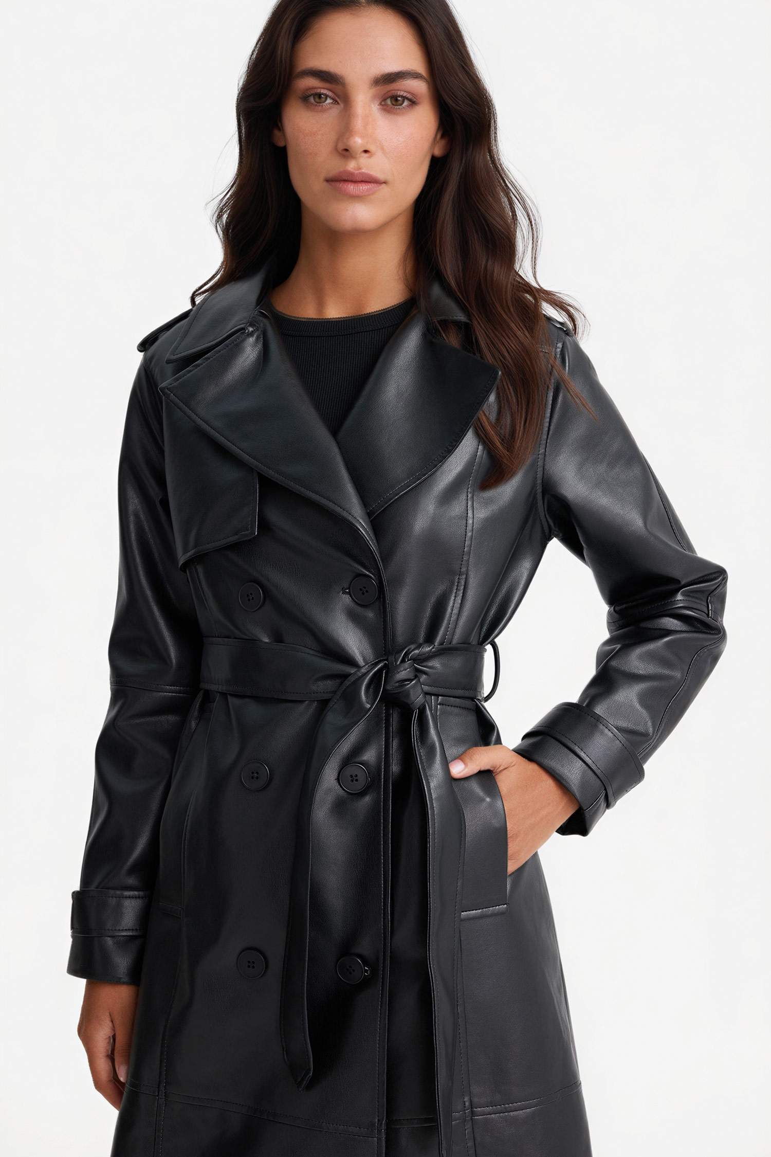 معطف ترانش كوت طويل جلد صناعي قصة عادية بجيب