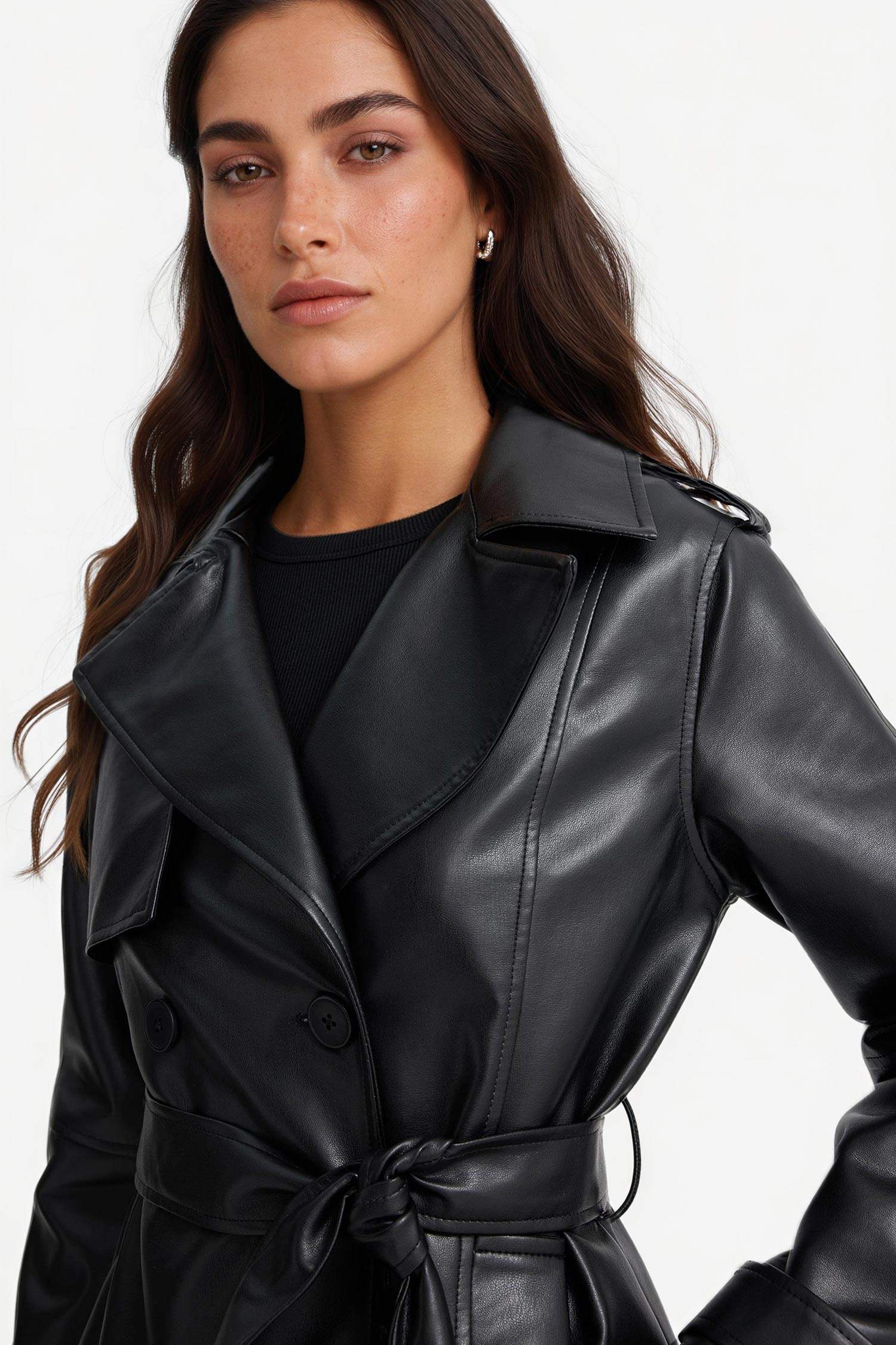 معطف ترانش كوت طويل جلد صناعي قصة عادية بجيب