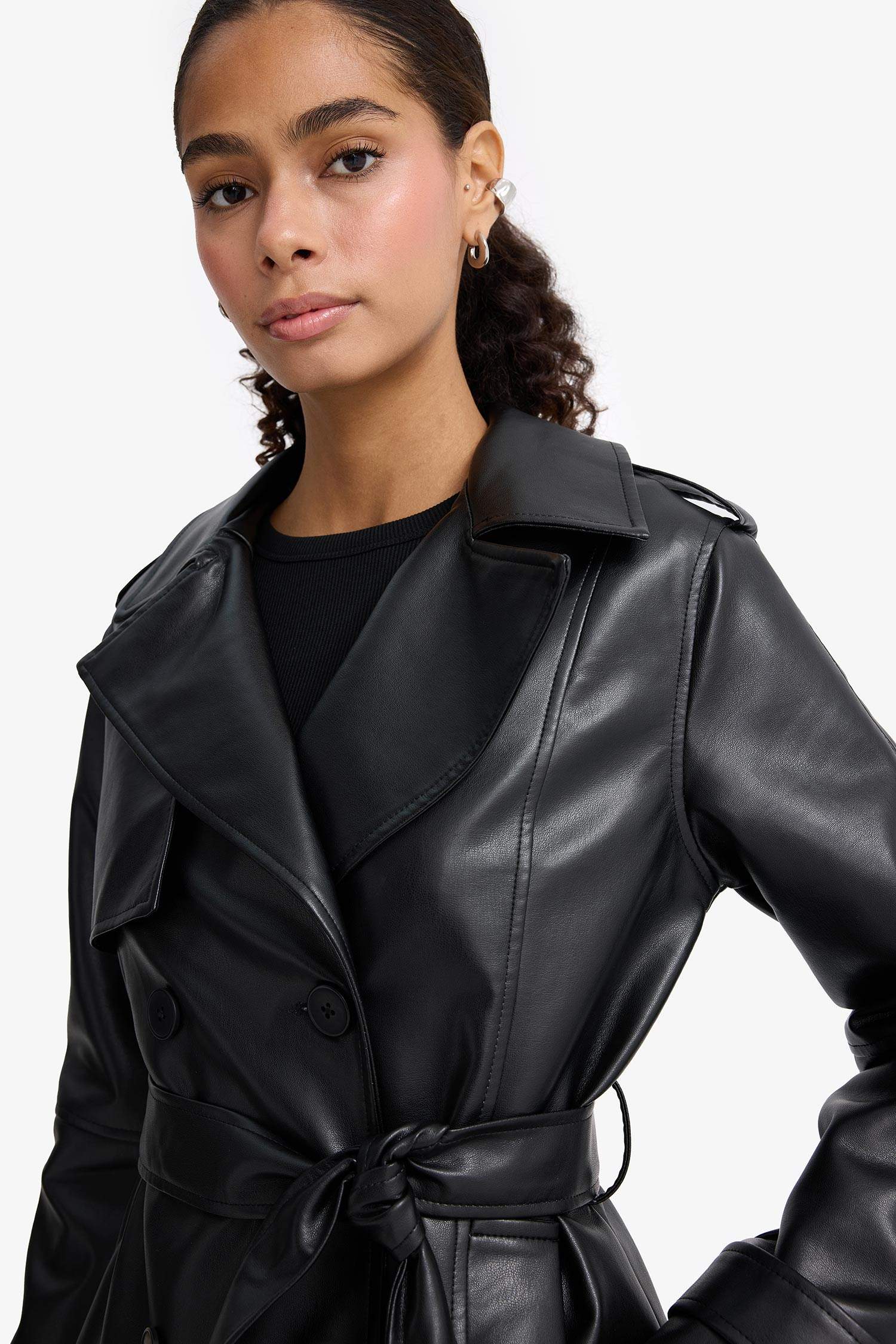 Regular Fit Faux Leather Trenchcoat