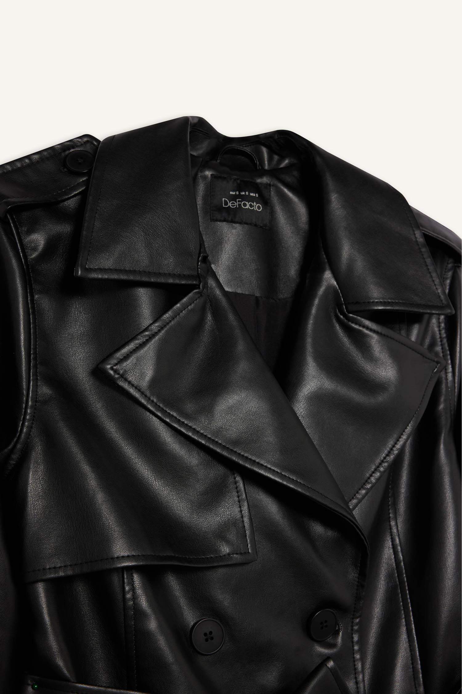 معطف ترانش كوت طويل جلد صناعي قصة عادية بجيب