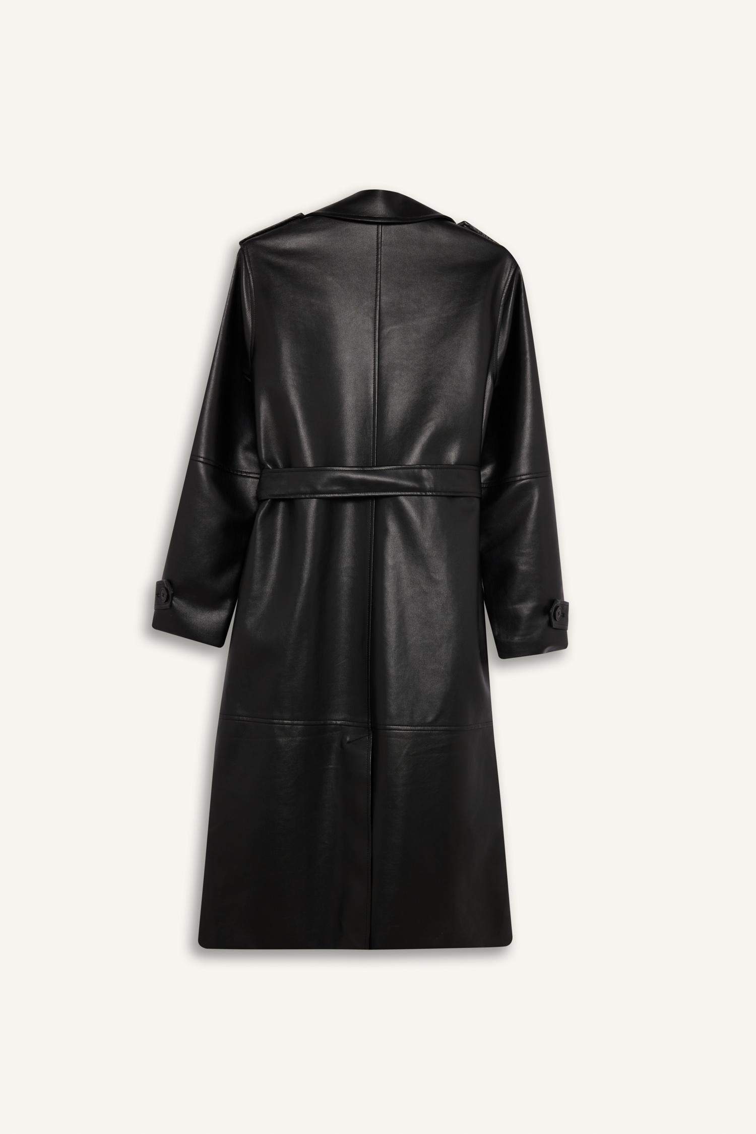 معطف ترانش كوت طويل جلد صناعي قصة عادية بجيب