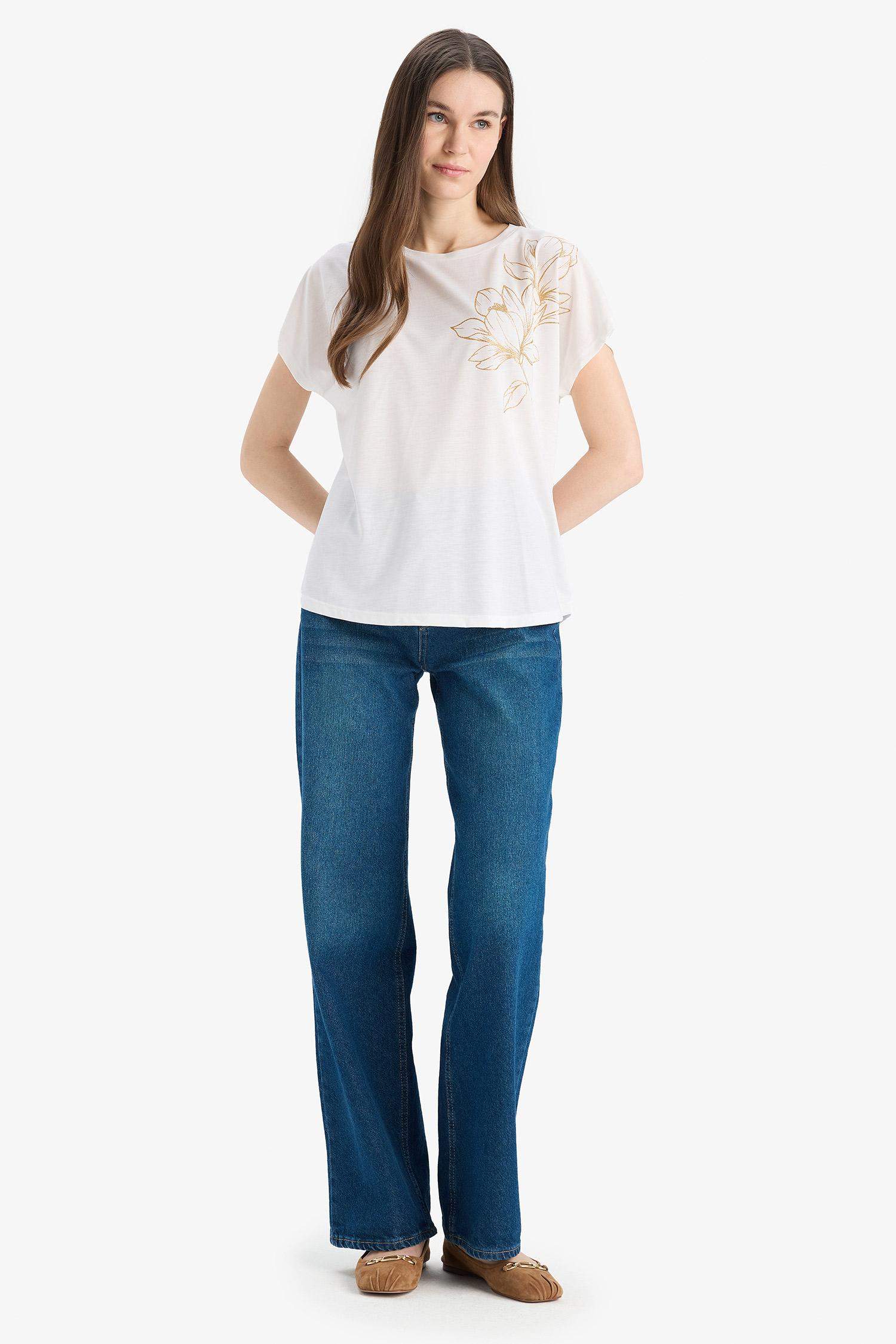 Bisiklet Yaka Baskılı Kısa Kollu Tişört