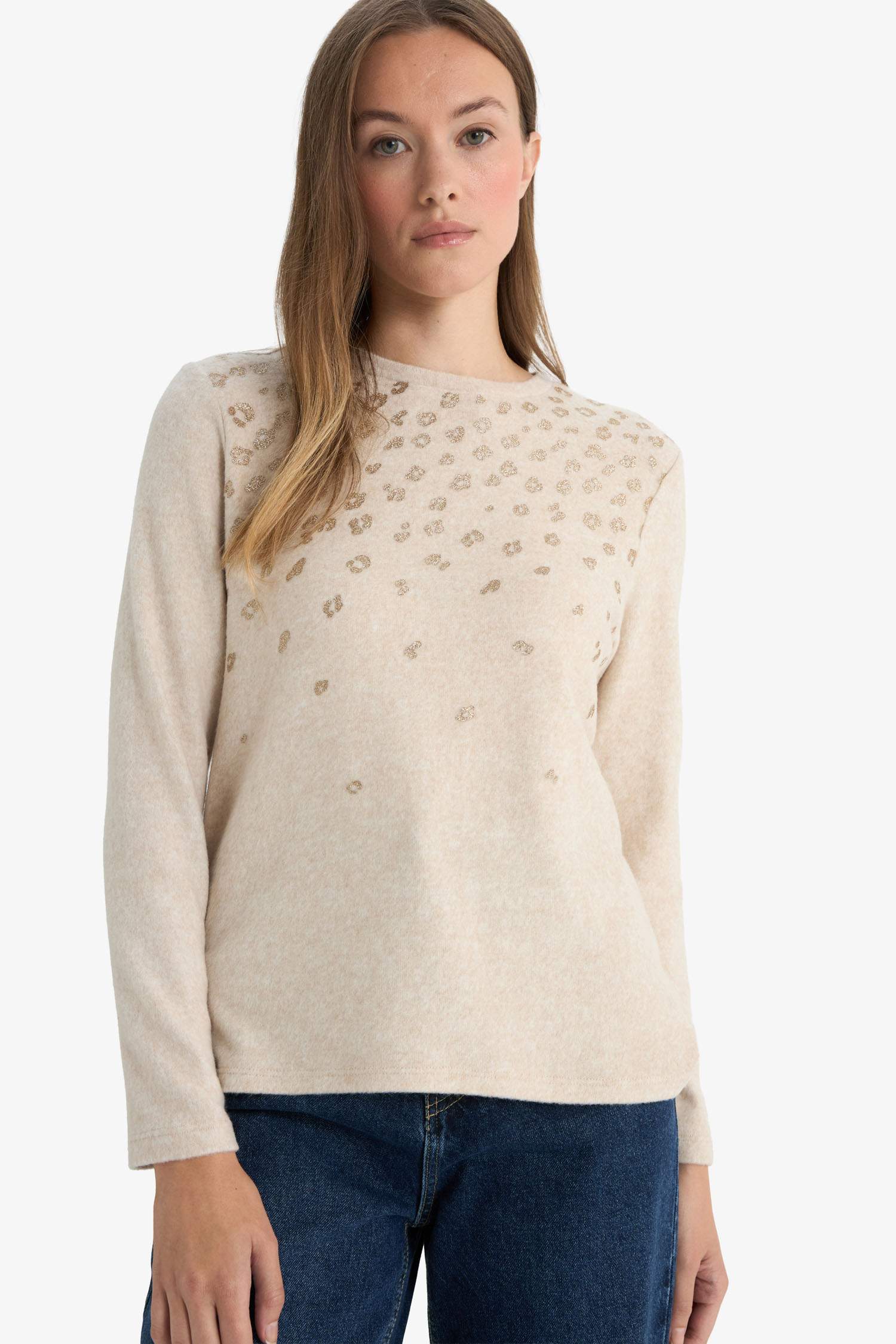 Regular Fit Bisiklet Yaka Taş Detaylı Uzun Kollu Tişört