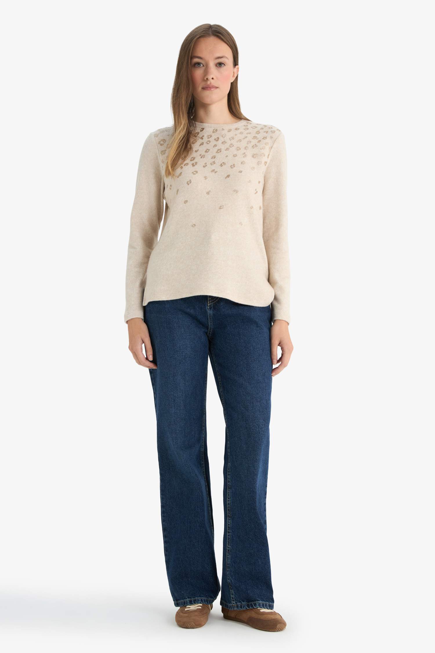 Regular Fit Bisiklet Yaka Taş Detaylı Uzun Kollu Tişört