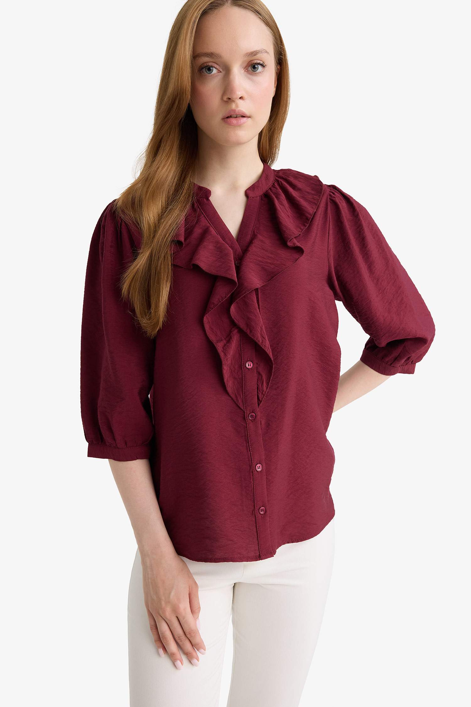 قميص كم طويل قصة عادية بياقة مستديرة