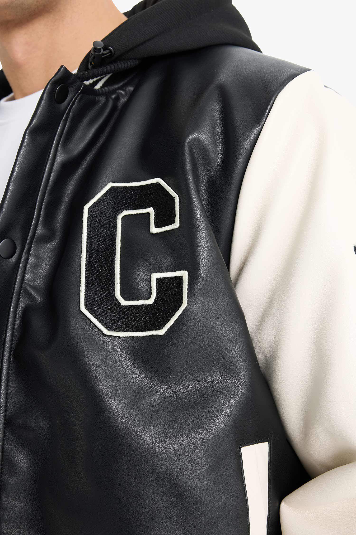 Blouson bomber en simili cuir à capuche amovible et boutons pression