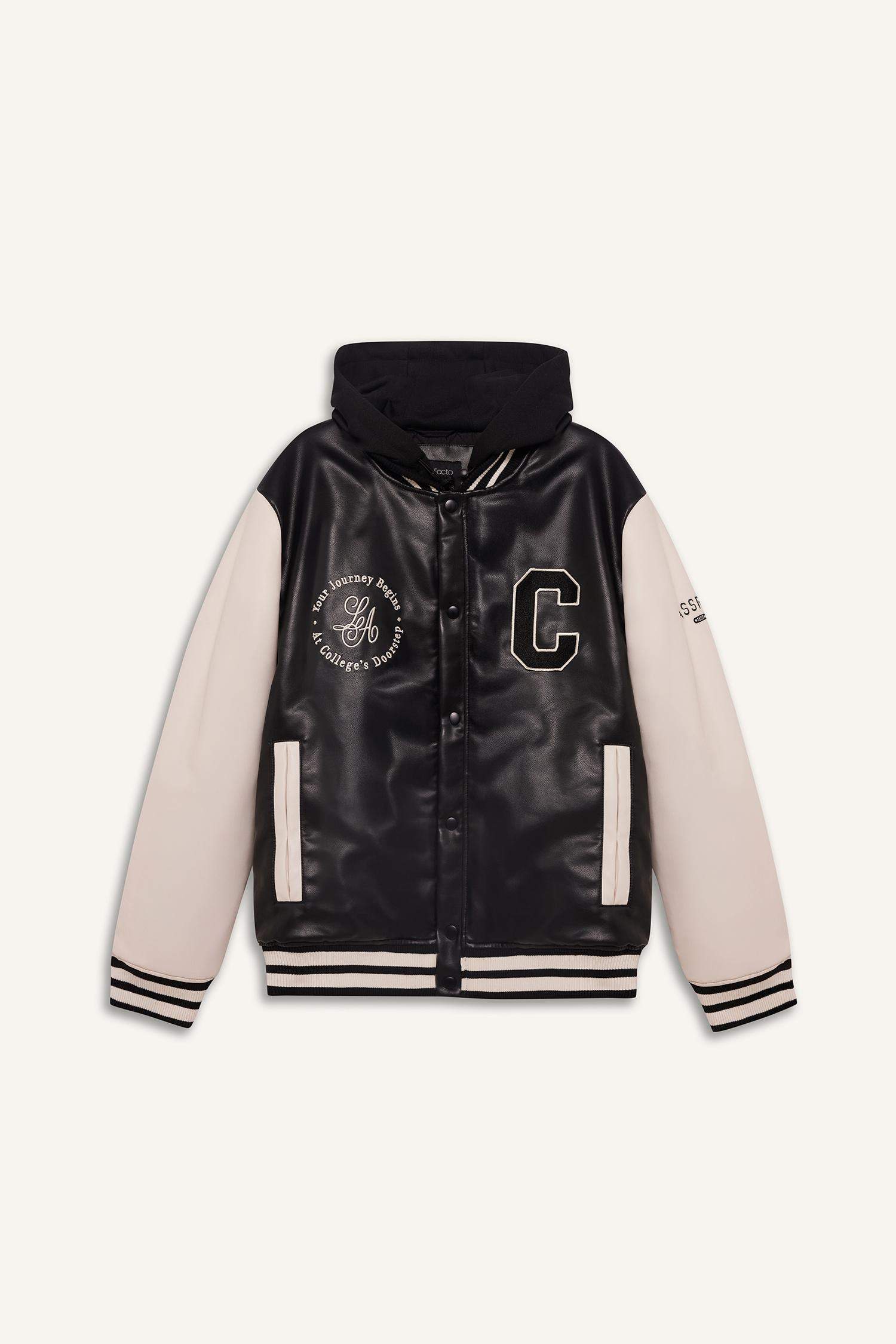 Blouson bomber en simili cuir à capuche amovible et boutons pression