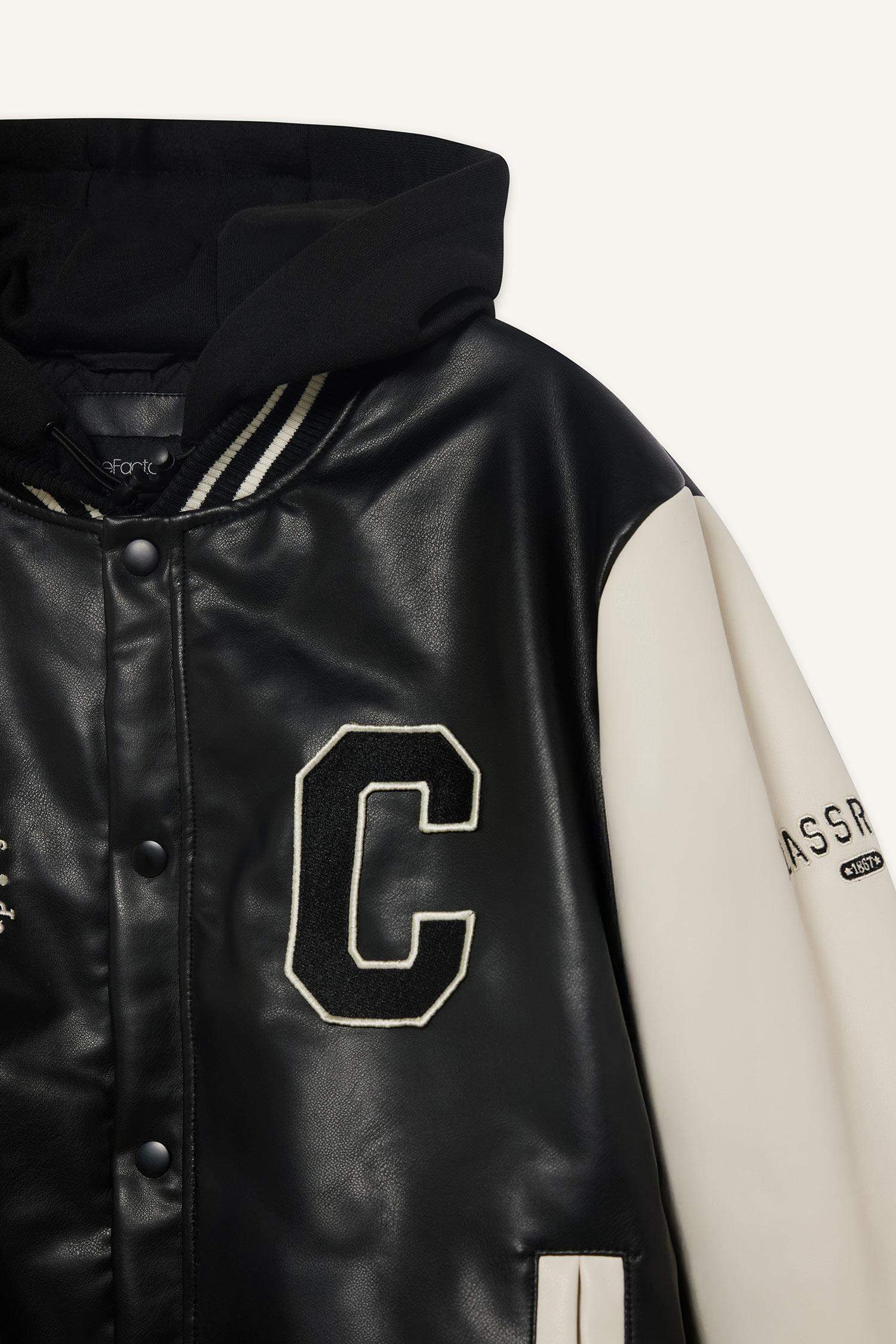 Blouson bomber en simili cuir à capuche amovible et boutons pression