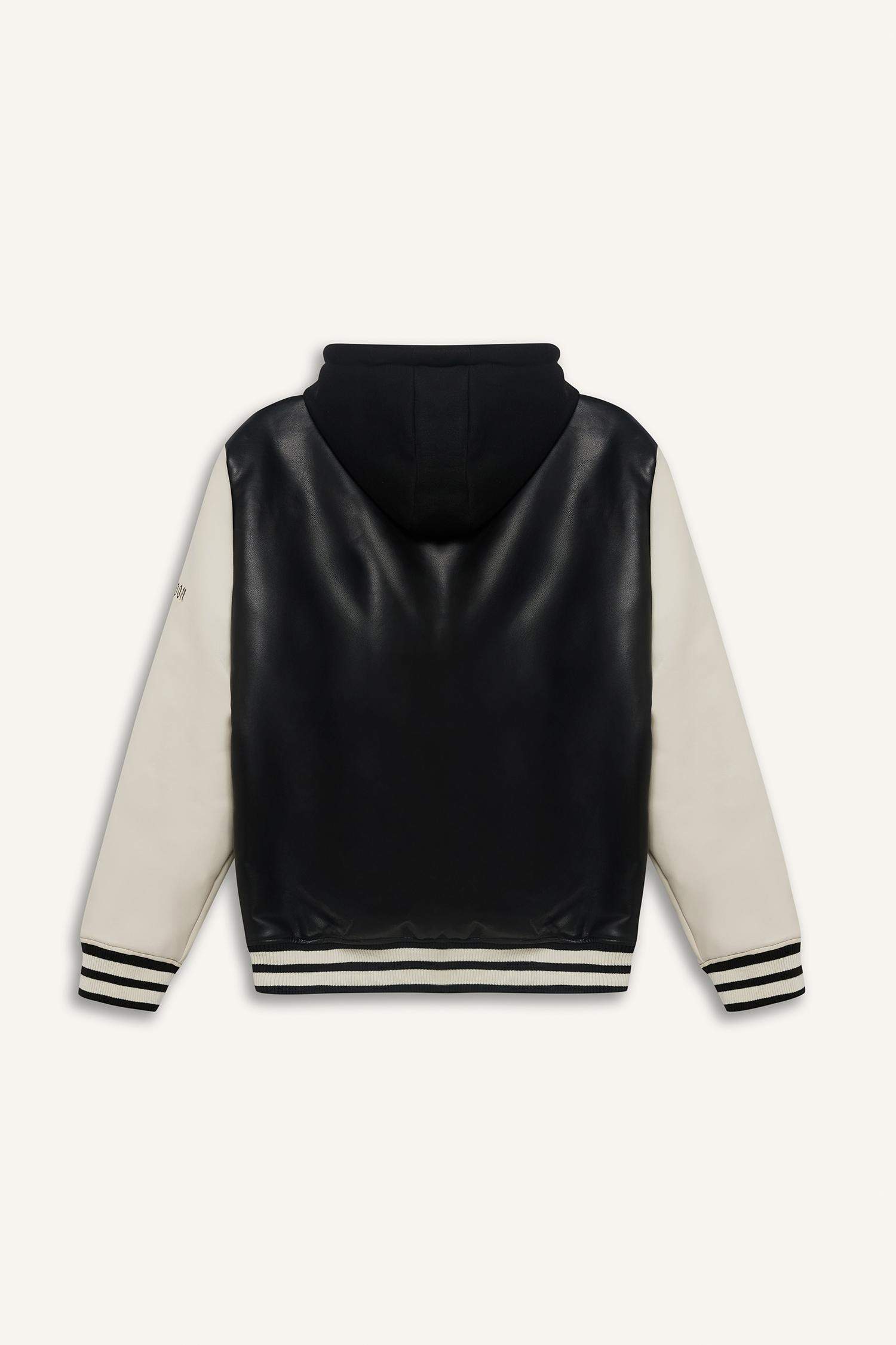 Blouson bomber en simili cuir à capuche amovible et boutons pression
