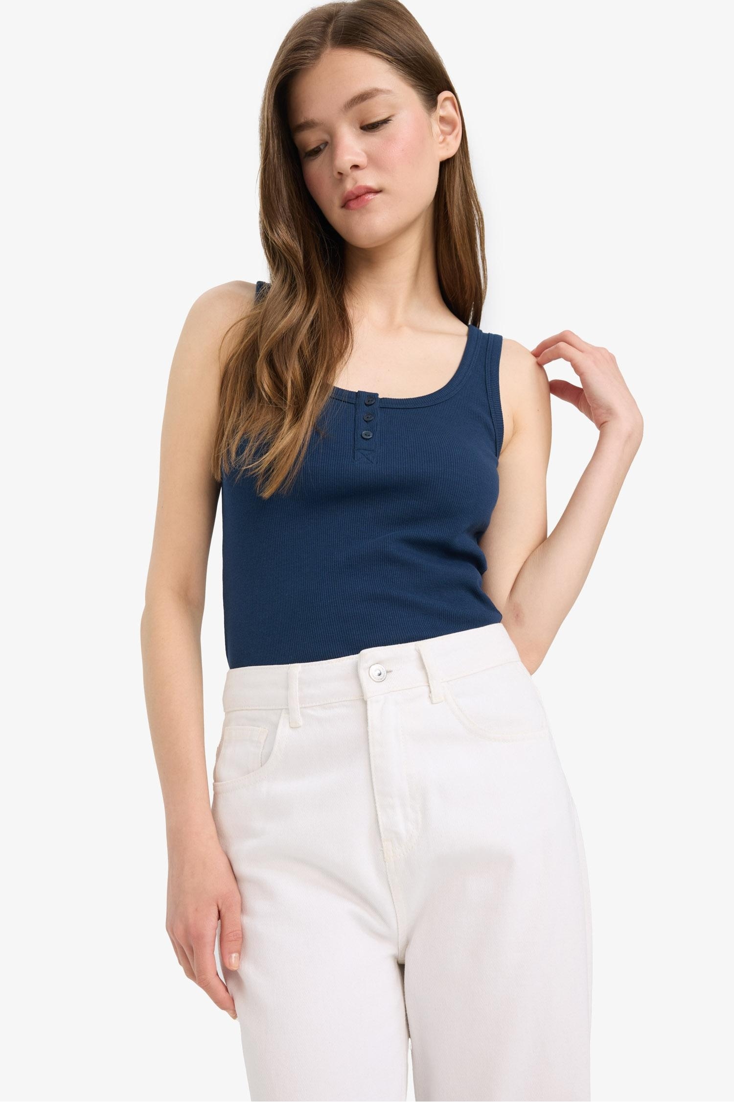 Slim Fit Camisole Button Neck Tank Top