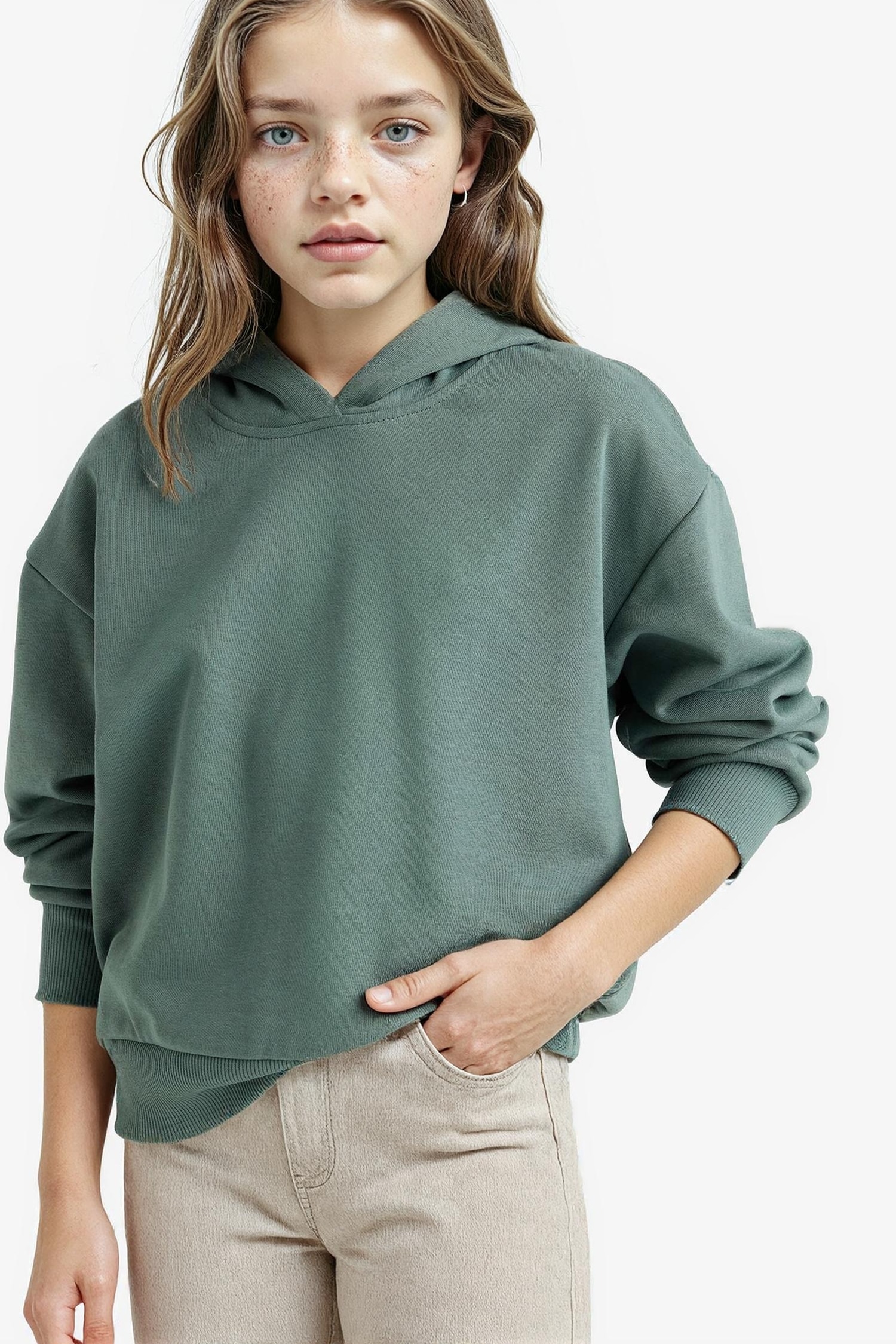 Kız Çocuk Relax Fit Kapüşonlu Basic Düz Sweatshirt