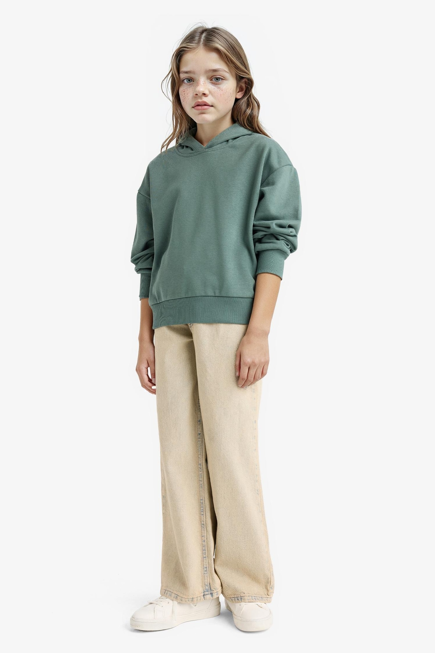 Kız Çocuk Relax Fit Kapüşonlu Basic Düz Sweatshirt