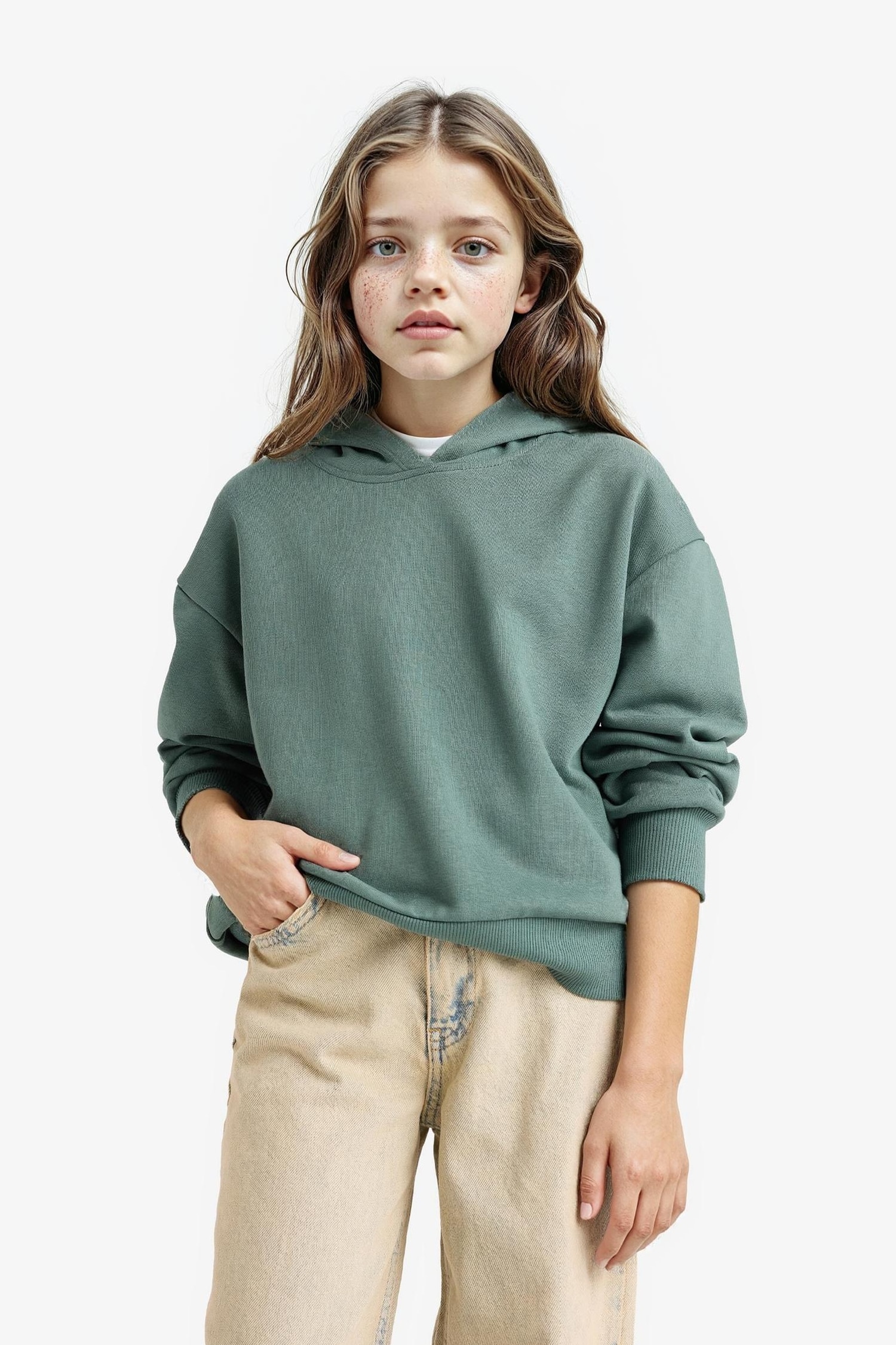 Kız Çocuk Relax Fit Kapüşonlu Basic Düz Sweatshirt