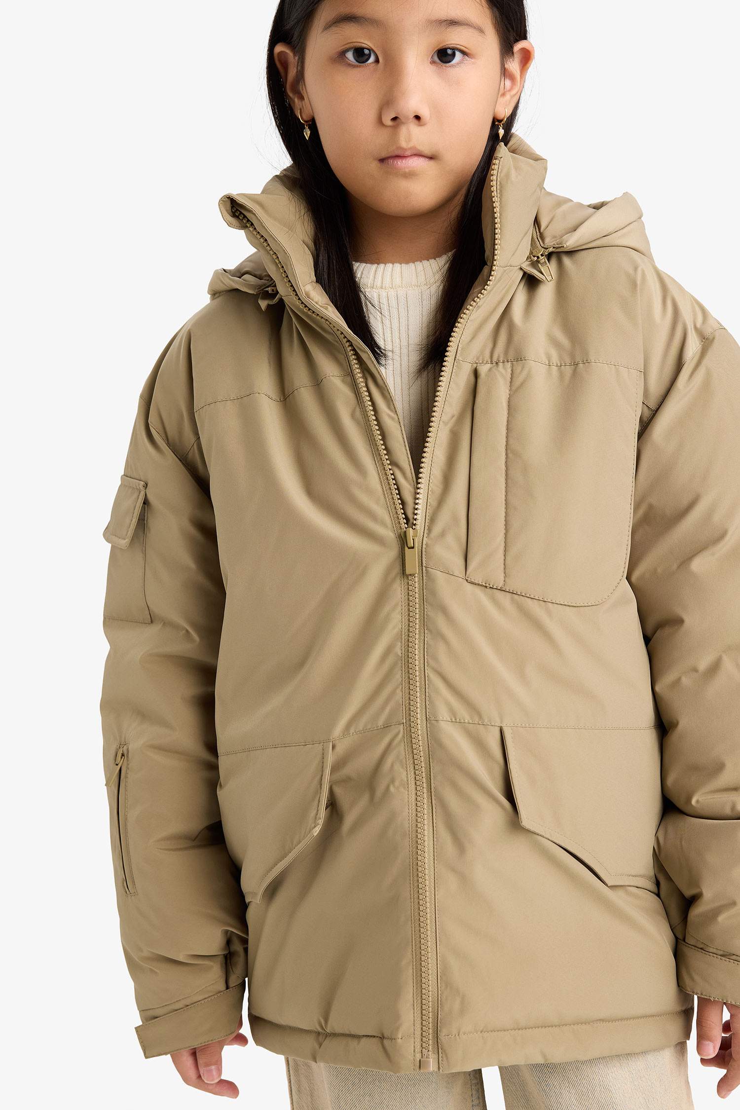 Kız Çocuk Çıkarılabilir Suni Kürk Yaka Kapüşonlu Parka